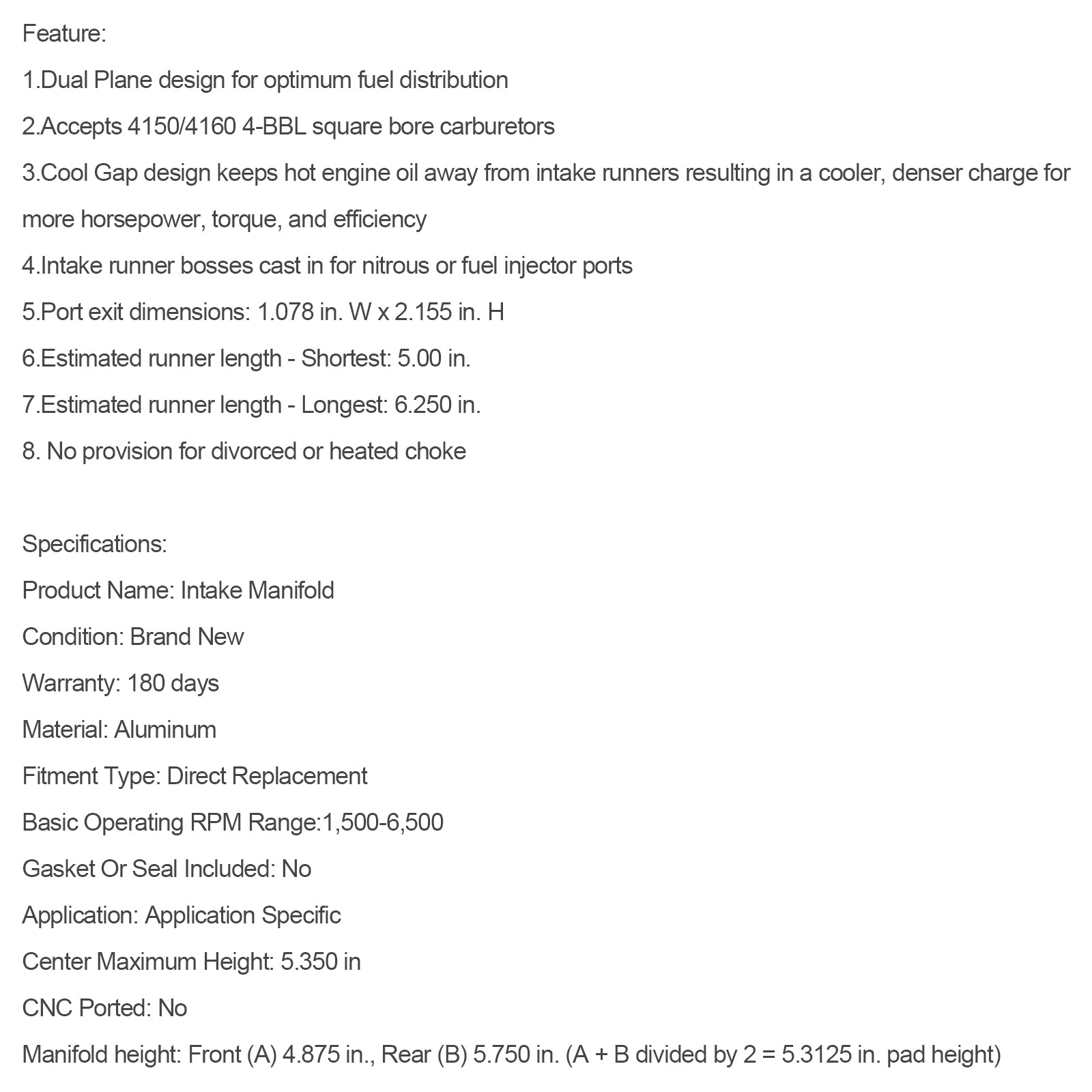 Intake Manifold Fit Chrysler Mopar Small Block 318 340 360 1967-2003 Aluminum