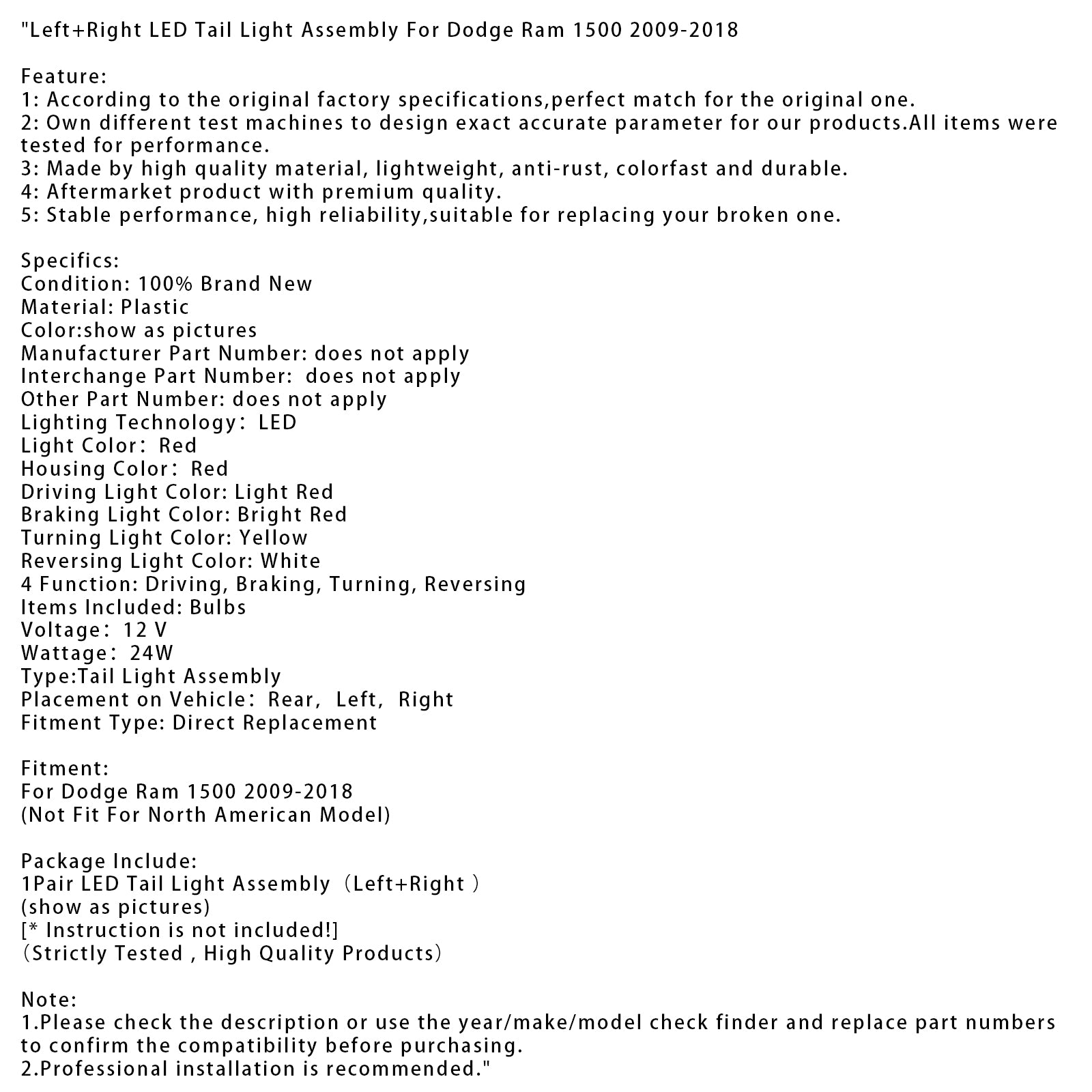 2009-2018 Dodge Ram 1500 Left+Right LED Tail Light Assembly