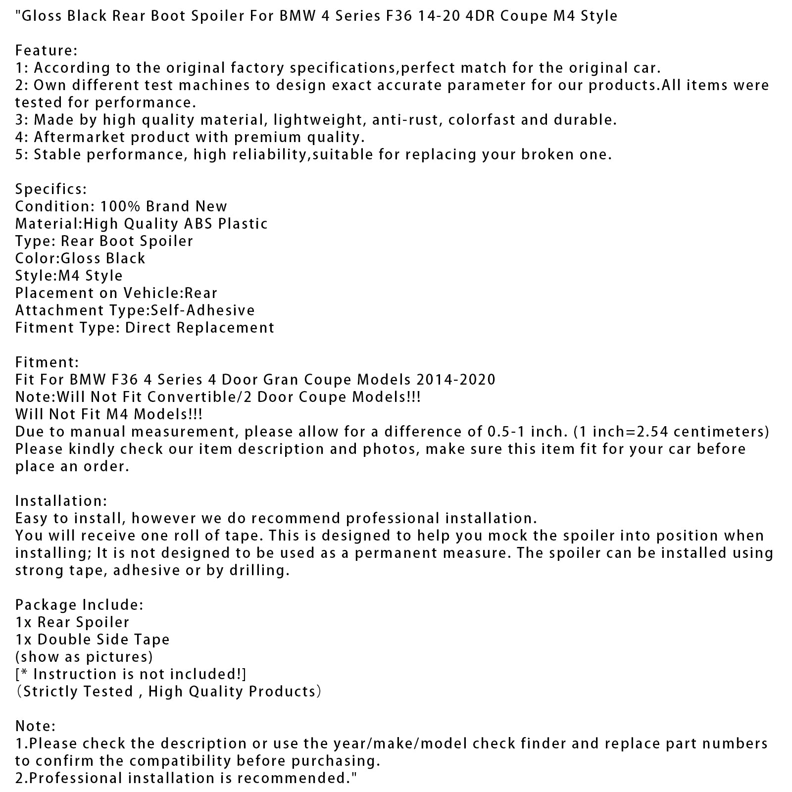 2014-2020 BMW 4 Series F36 4DR Coupe M4 Style Gloss Black Rear Boot Spoiler