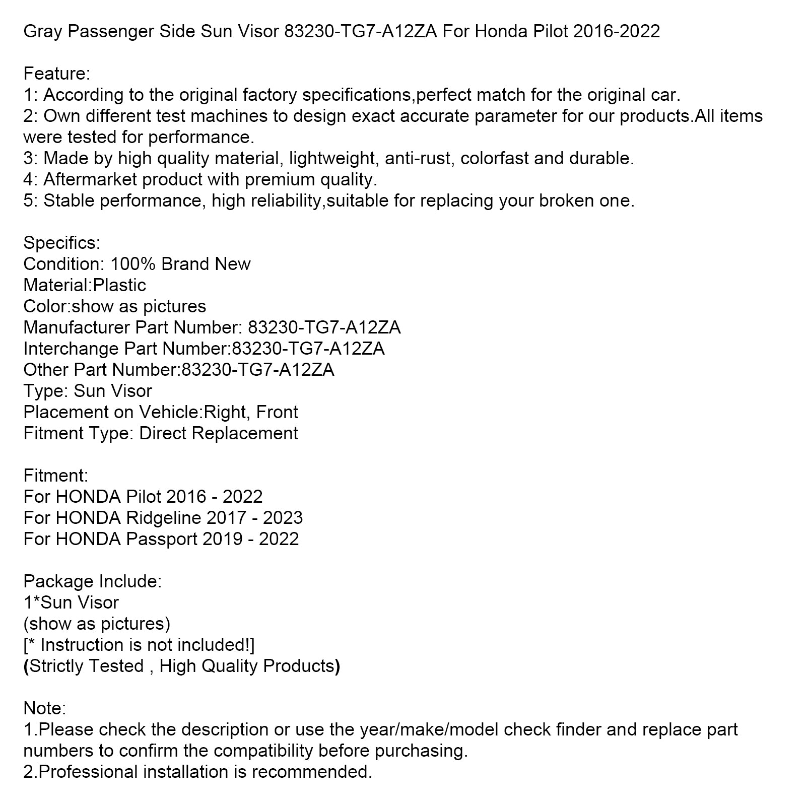 Visera lateral derecha gris 83230-TG7-A12ZA para Honda Pilot 2016-2022