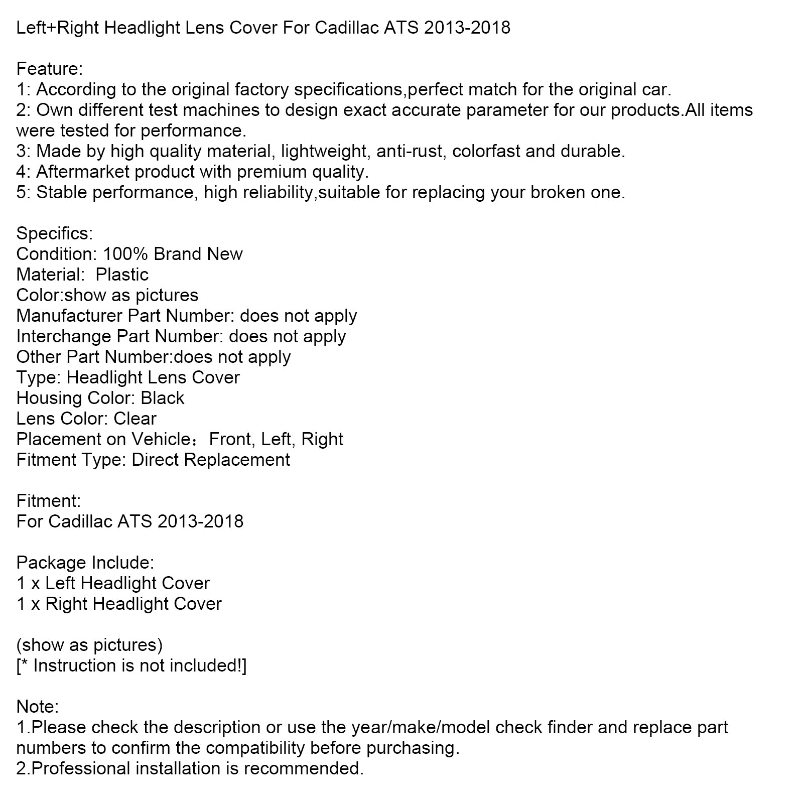 Couvercle d'objectif de phare gauche et droit Cadillac ATS 2013-2018