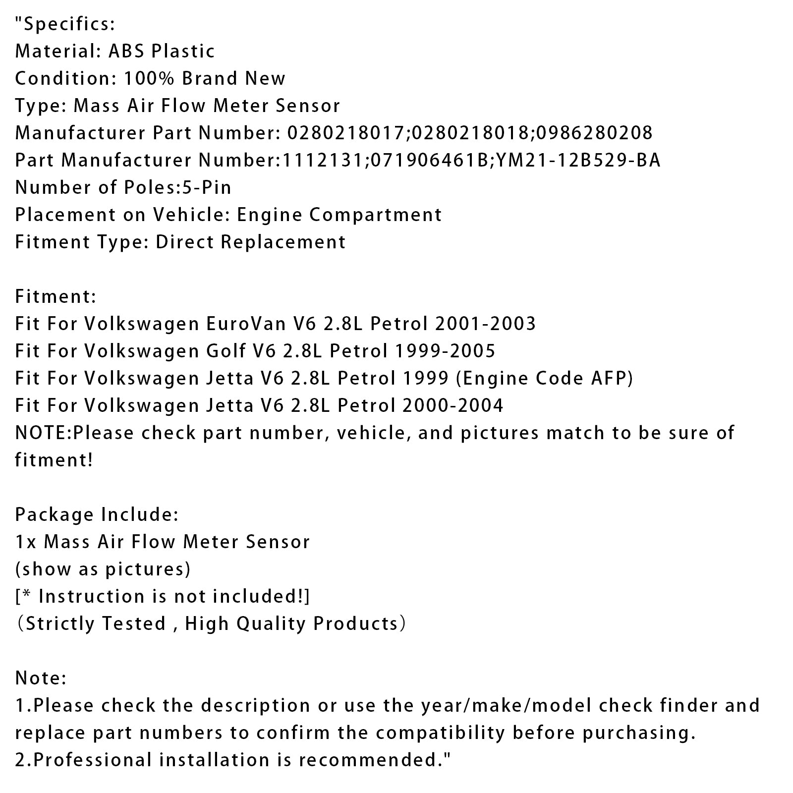 Sensor medidor de flujo de aire masivo para Volkswagen Golf Jeeta EuroVan 2.8L 0280218017
