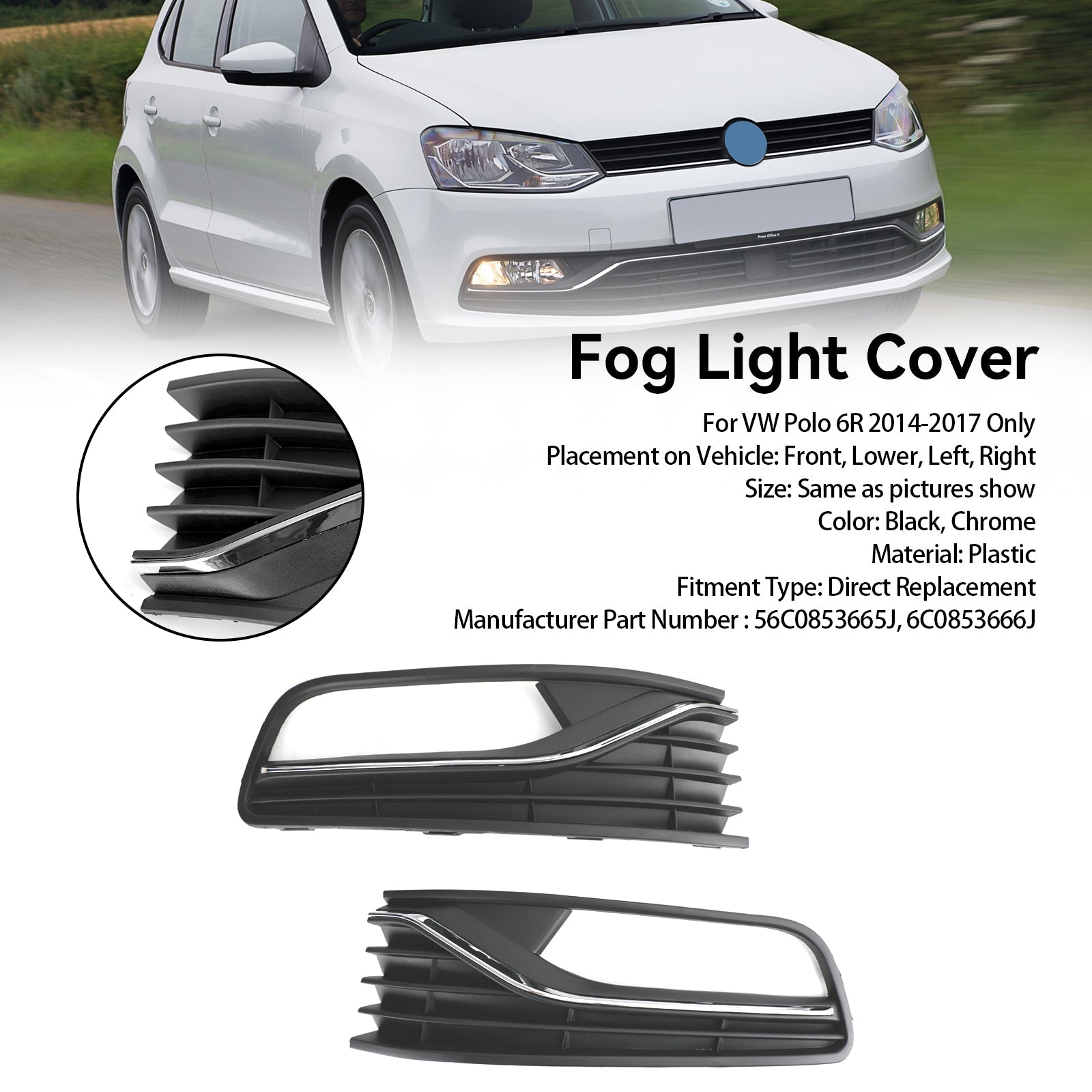 Pair Front Bumper Fog Light Cover Grill Grille fit VW Polo 6R 2014 2015 2016 2017 Car Accessorie