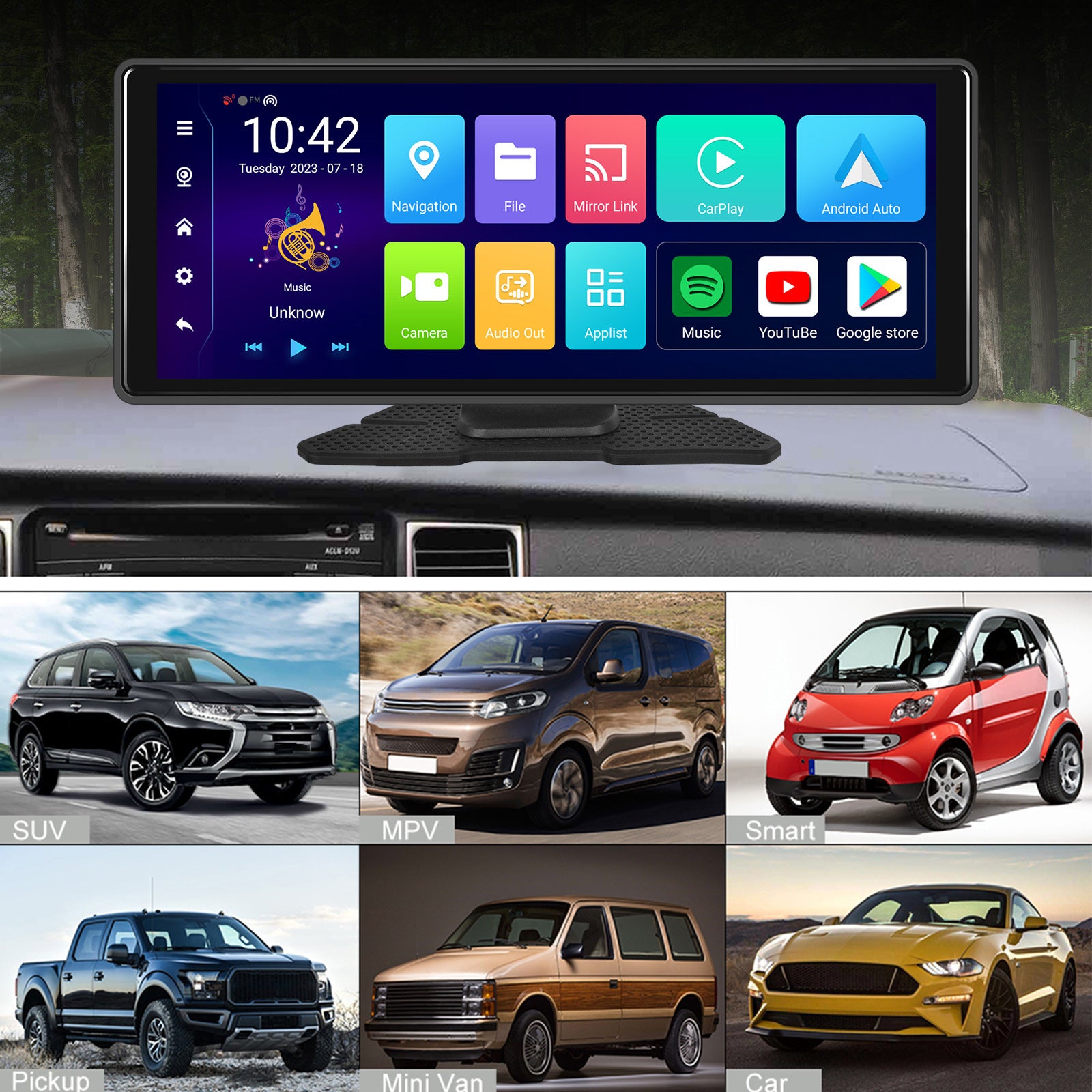 10.26"Navigation Bluetooth pour voiture Carplay HD, grand écran tactile, enregistreur, caméra AHD