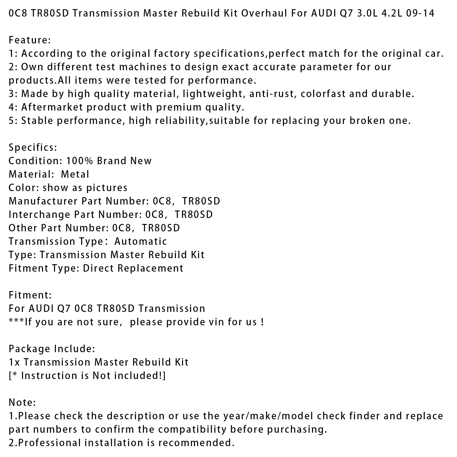 0C8 TR80SD Transmission Master Rebuild Kit Overhaul For AUDI Q7 3.0L 4.2L 09-14