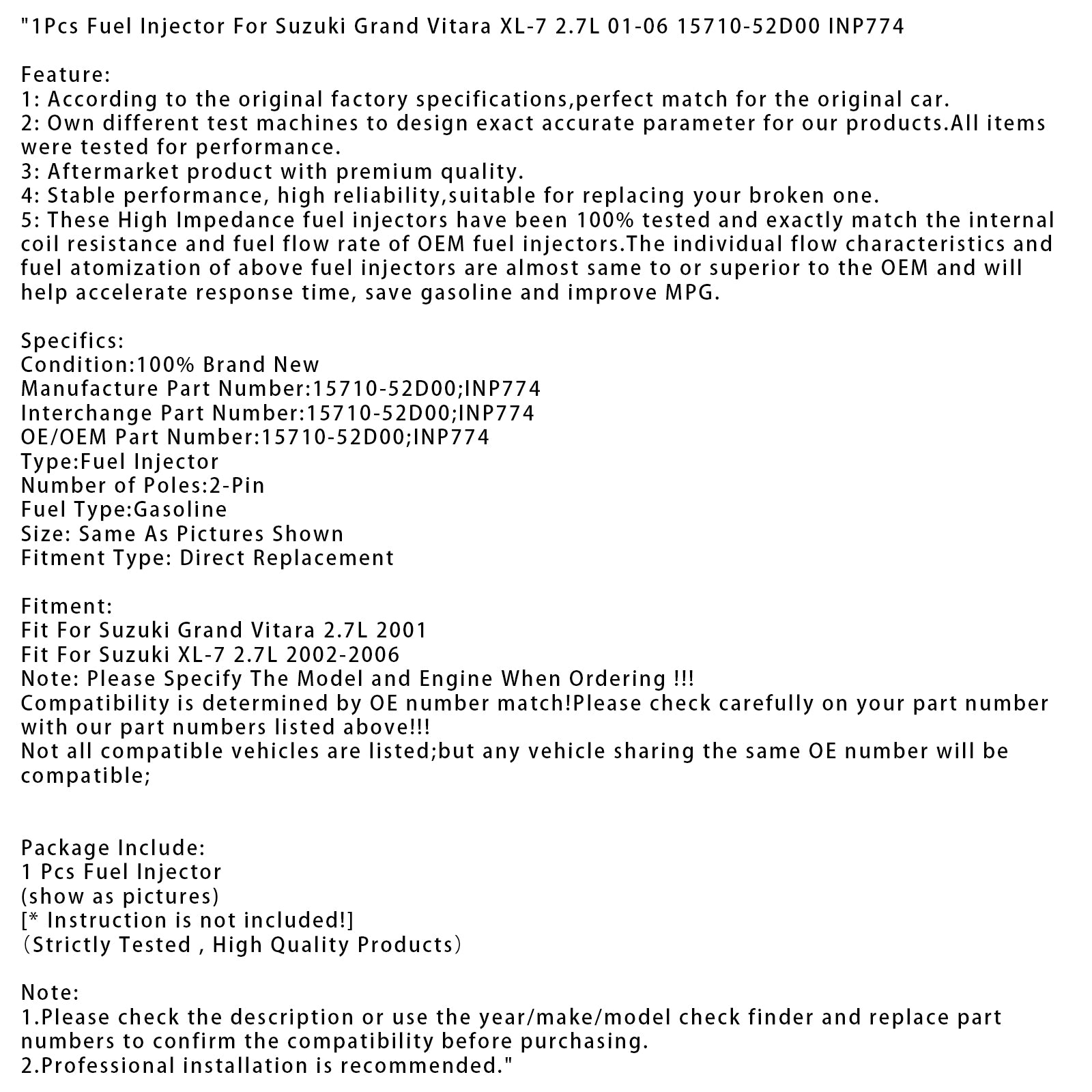1Pcs Fuel Injector For Suzuki Grand Vitara XL-7 2.7L 01-06 15710-52D00 INP774