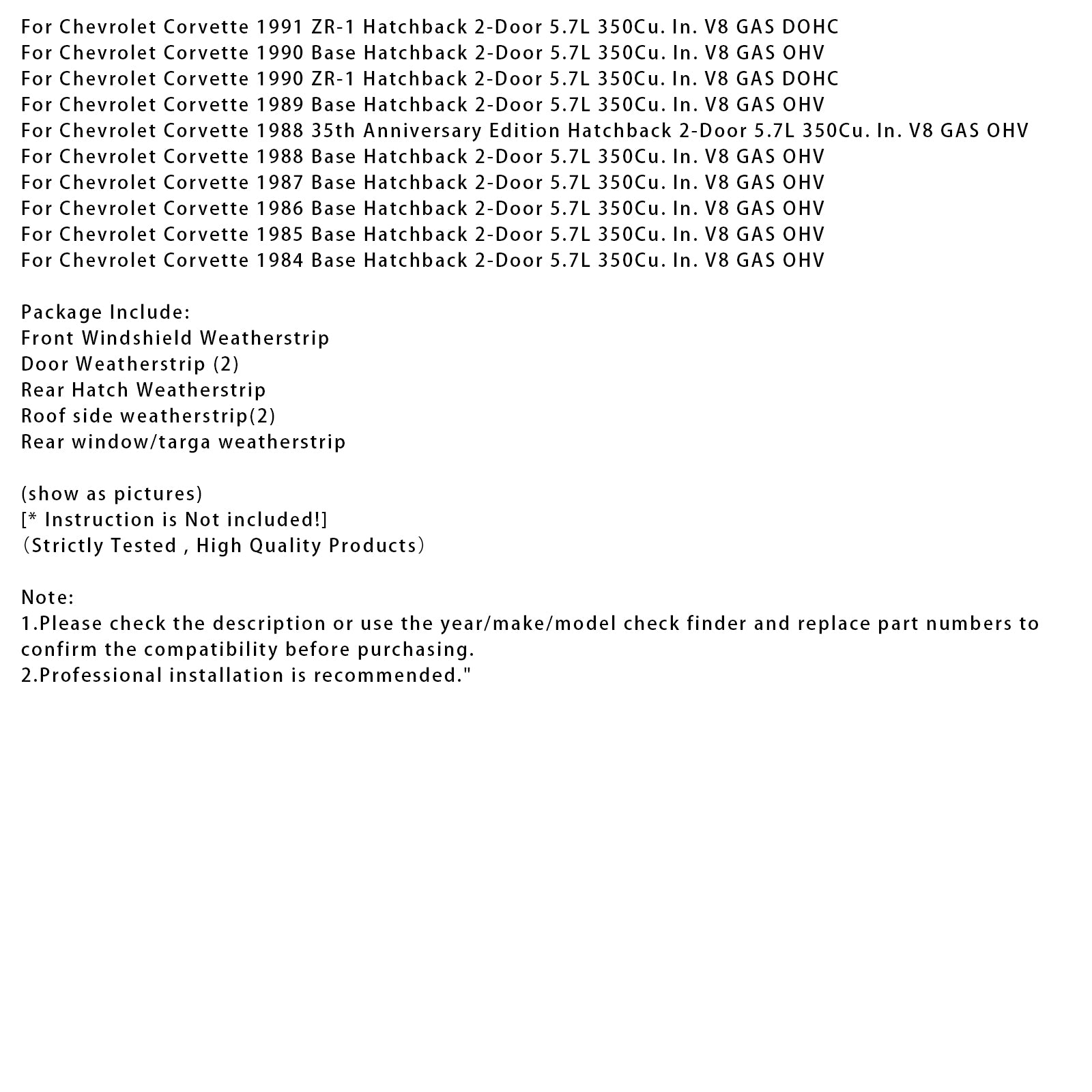 Seal Weatherstrip Kit Waterproof  9096GGW For Chevrolet Corvette C4 Coupe 90-96