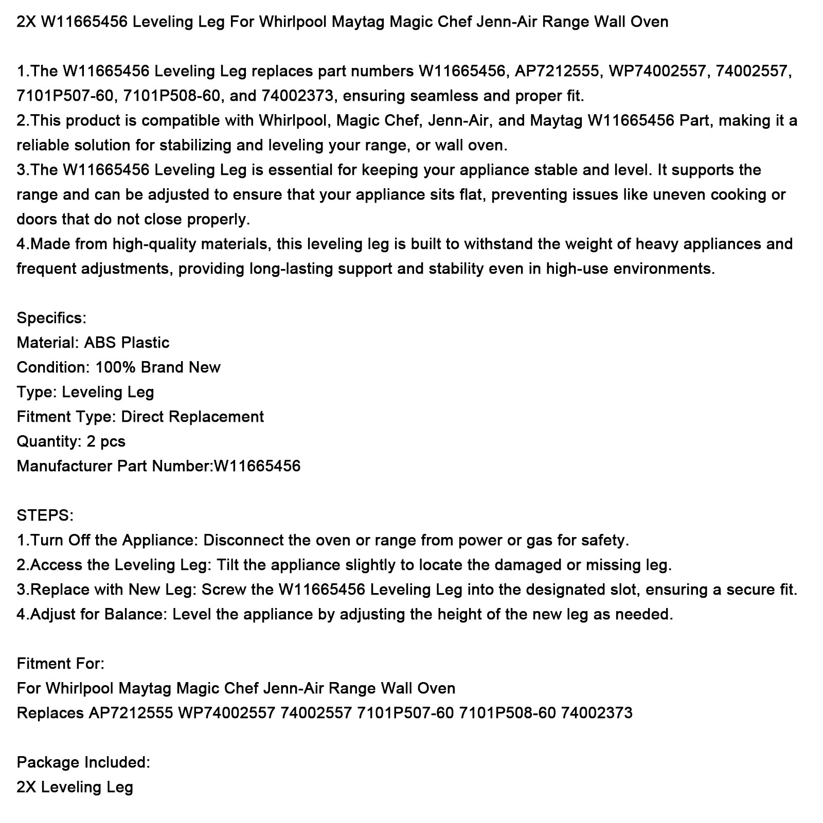 2X W11665456 Nivelleringsben for Maytag Chef Jenn-Air veggovn