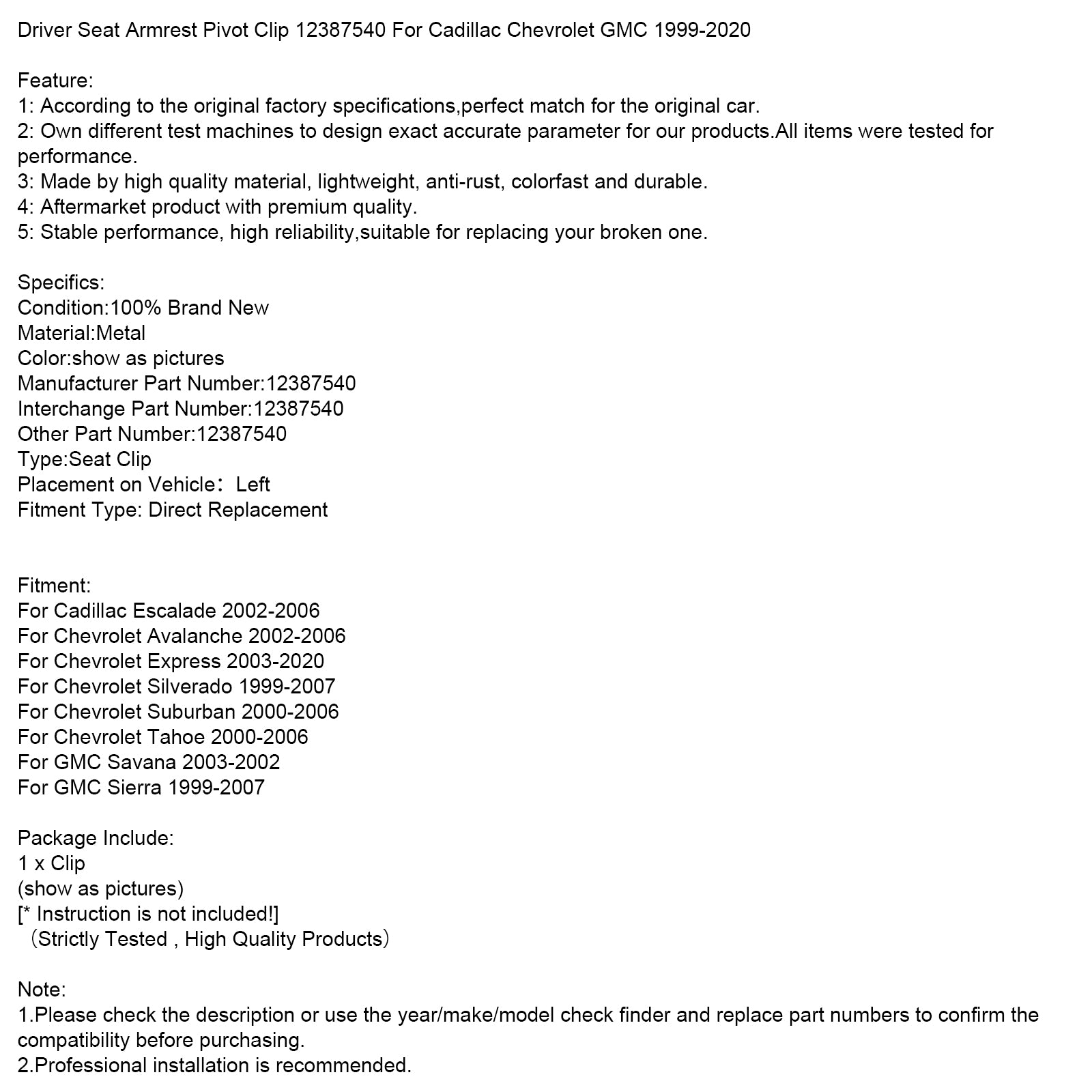 Driver Seat Armrest Pivot Clip 12387540 For Cadillac Chevrolet GMC 1999-2020