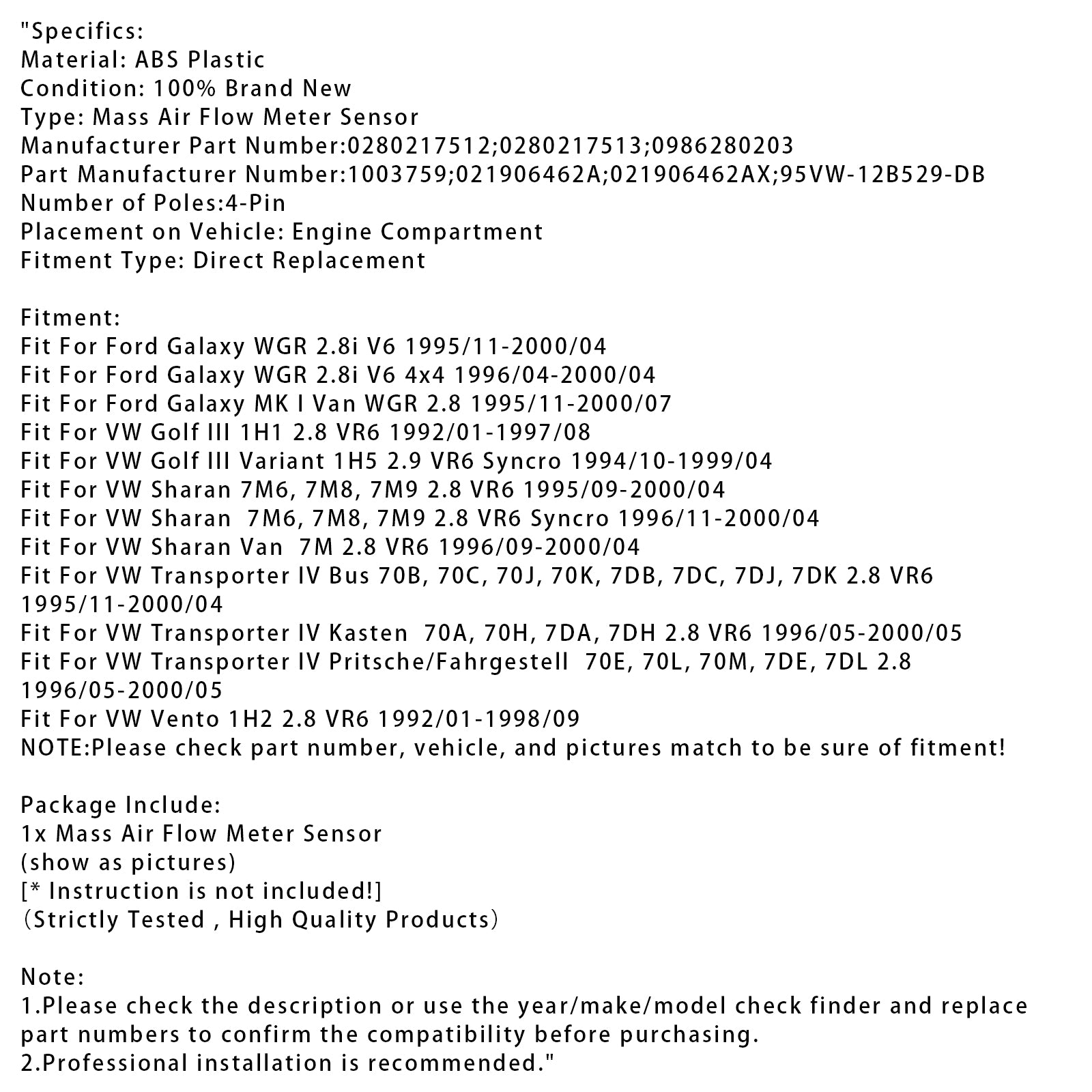 Luchtmassametersensor voor Ford Galaxy VW Golf III VR6 Sharan 0280217512