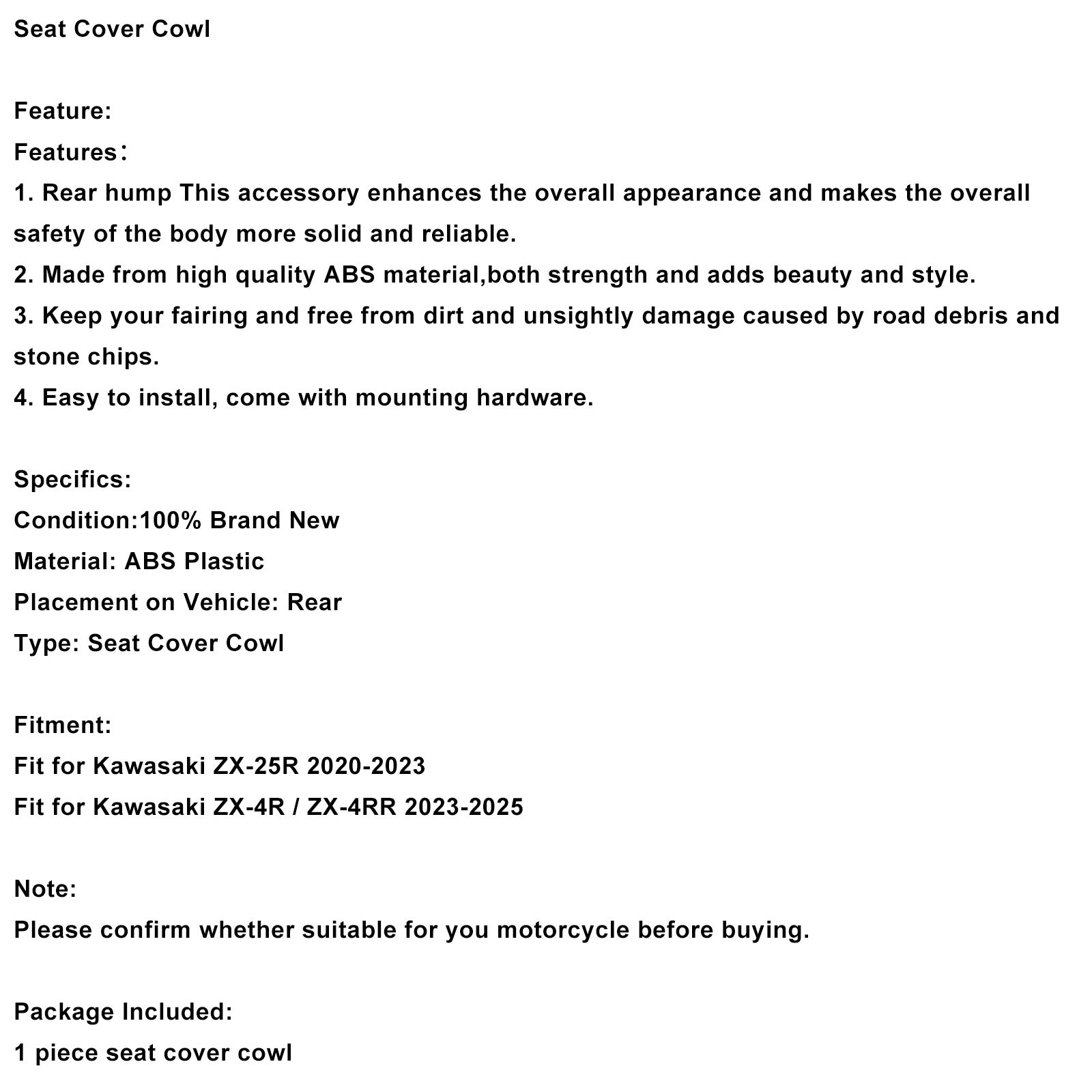 Racing Tail Rear Seat Fairing Cowl for Kawasaki ZX25R ZX4R ZX4RR 20-25