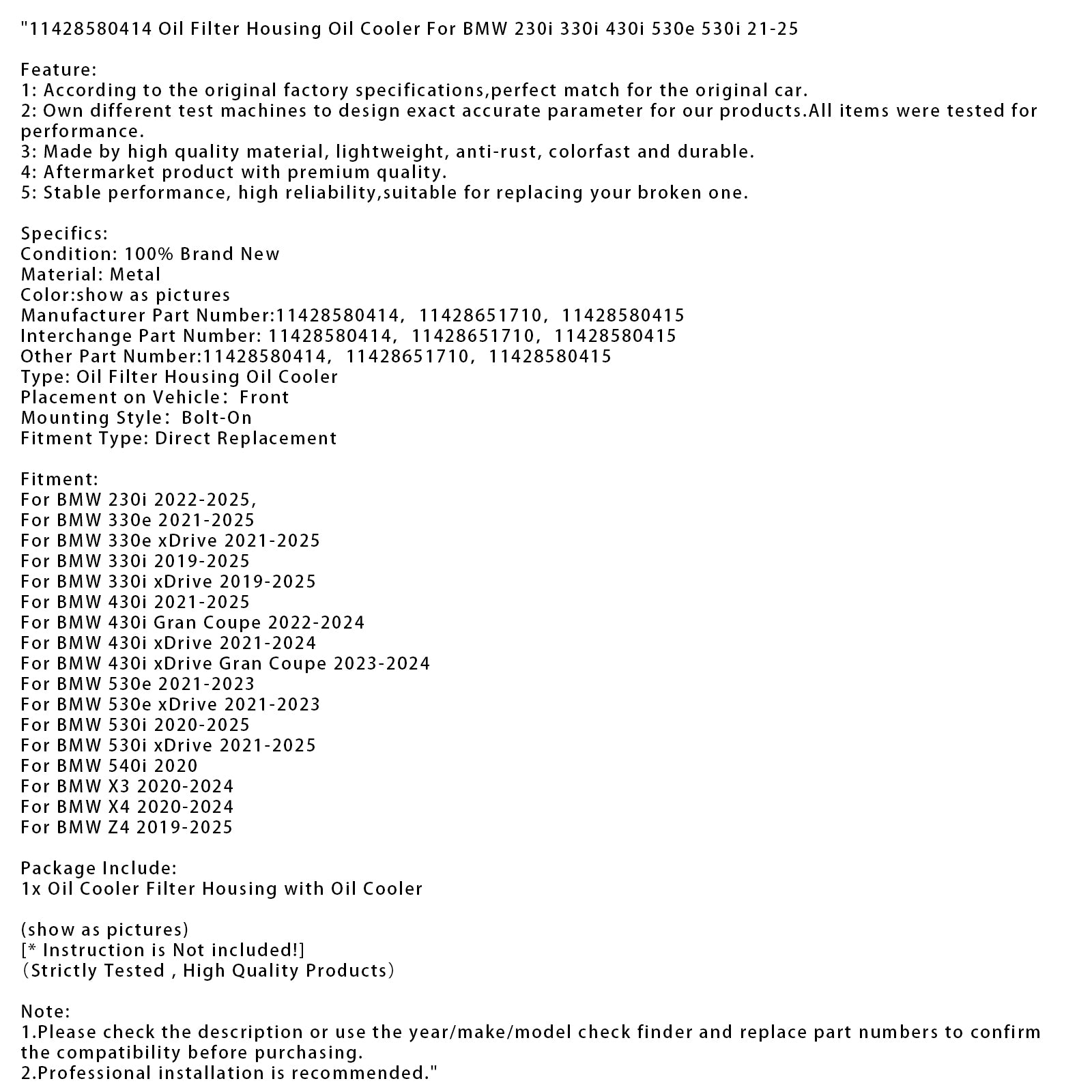 11428580414 Oljefilterhus Oljekylare för BMW 230i 330i 430i 530e 530i 21-25