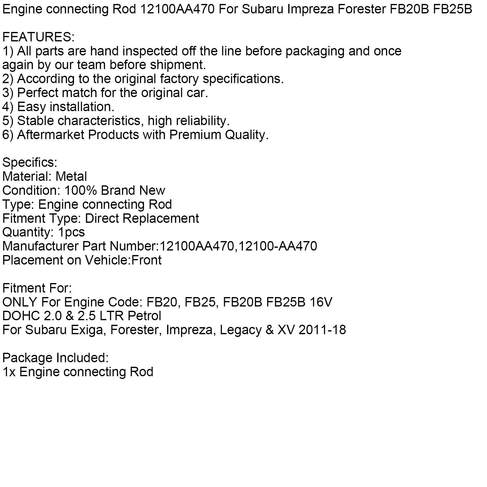 Motorvevstake 12100AA470 för Subaru Impreza Forester FB20B FB25B