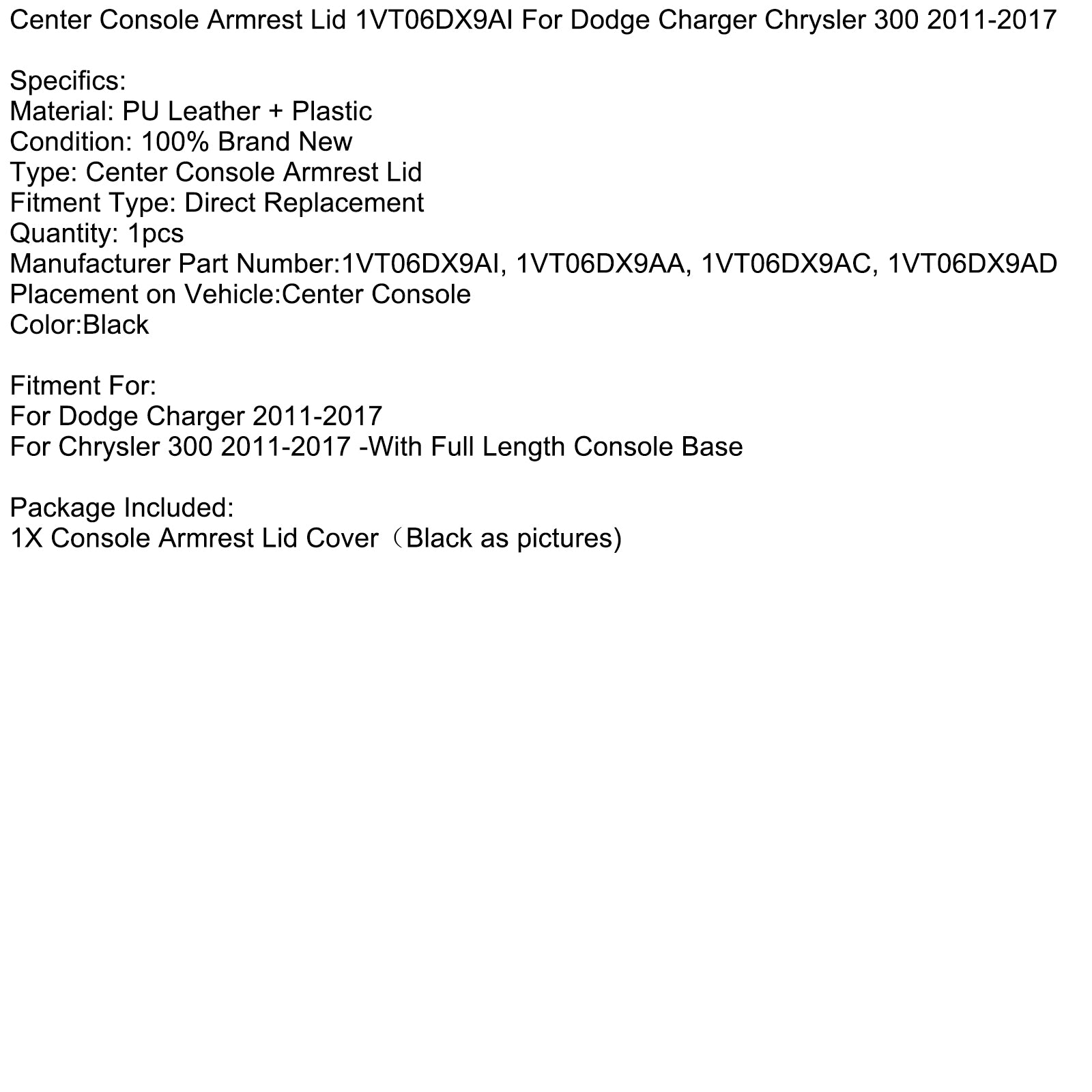 2011-2017 Dodge Charger Chrysler 300 Center Console Armrest Lid 1VT06DX9AI