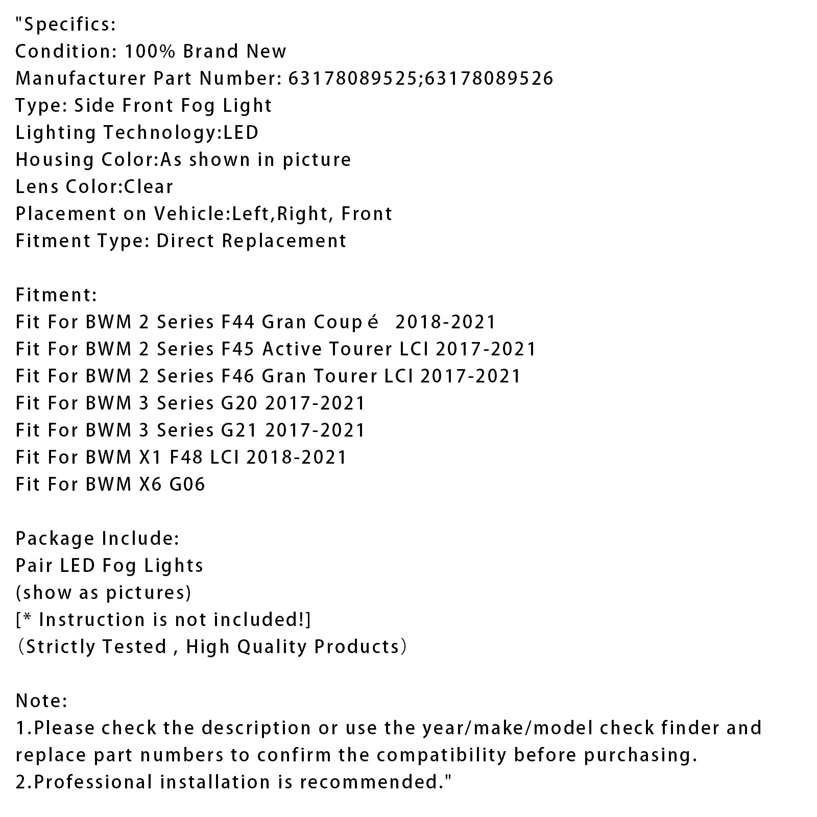 Pár LED predné hmlové svetlá pre BMW G20 G21 X1 F48 LCI F45 F46 63178089526