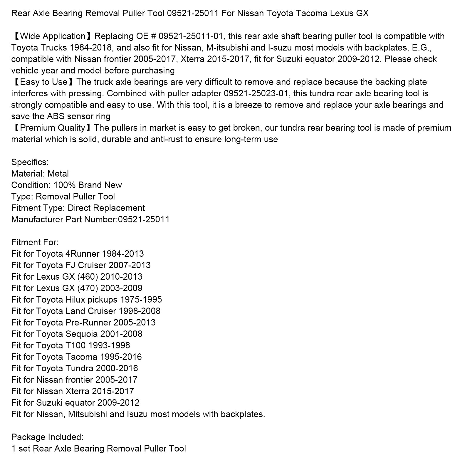 Rear Axle Bearing Removal Puller Tool 09521-25011 For Nissan Toyota Lexus GX