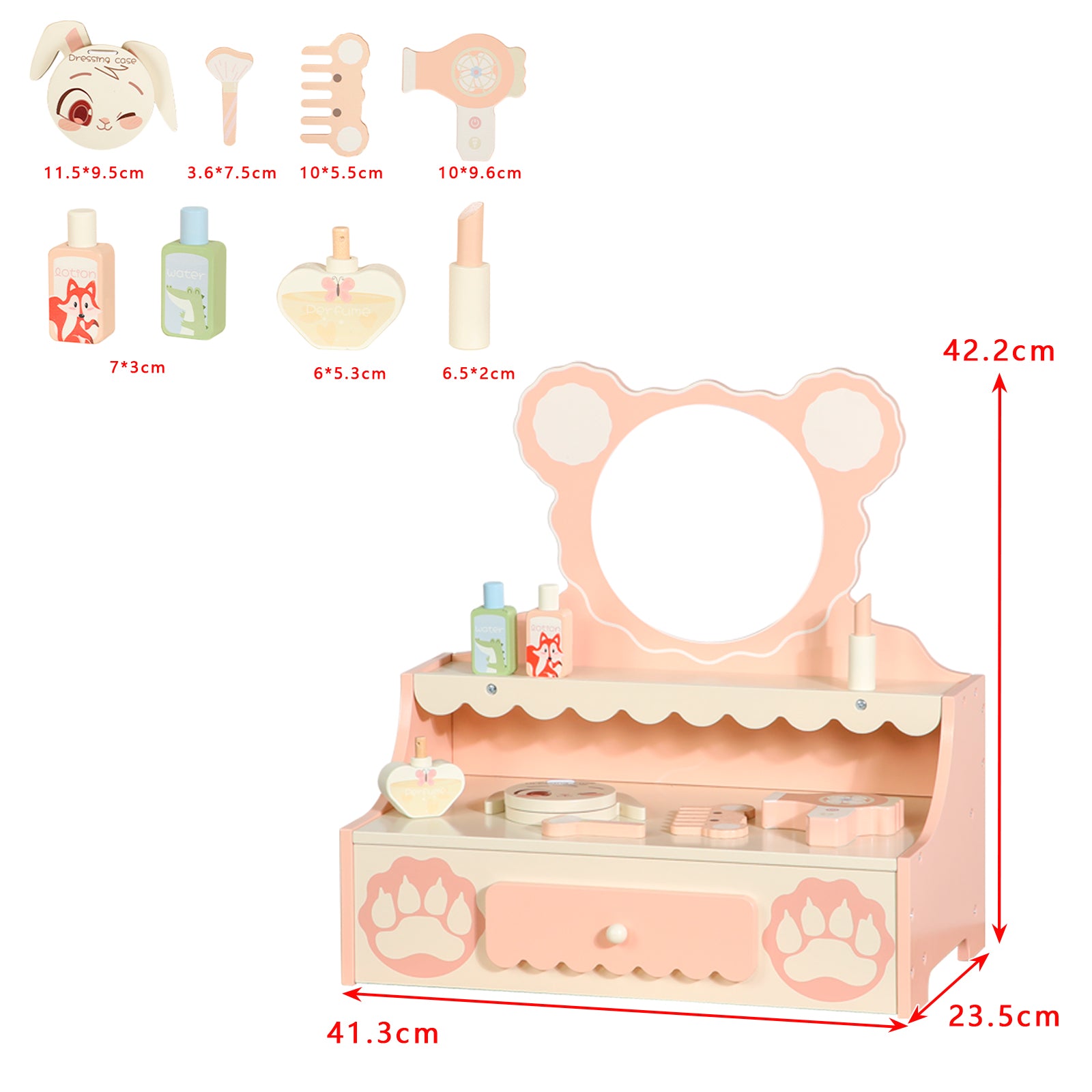Vanité de princesse pour enfants de 3 ans et plus, bureau de jeu de simulation avec 8 accessoires de maquillage, ensemble de vanité pour enfants avec tiroir de rangement, table de maquillage pour petites filles avec miroir
