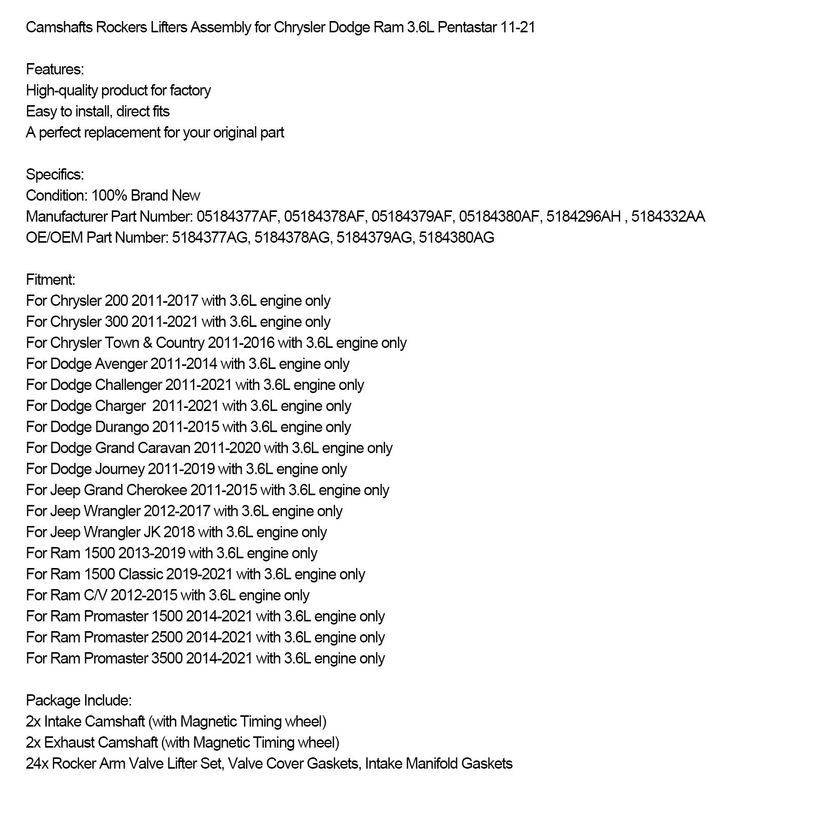 2011-2021 Chrysler 300 3.6L engine Camshafts Rockers Lifters Assembly 05184377AF