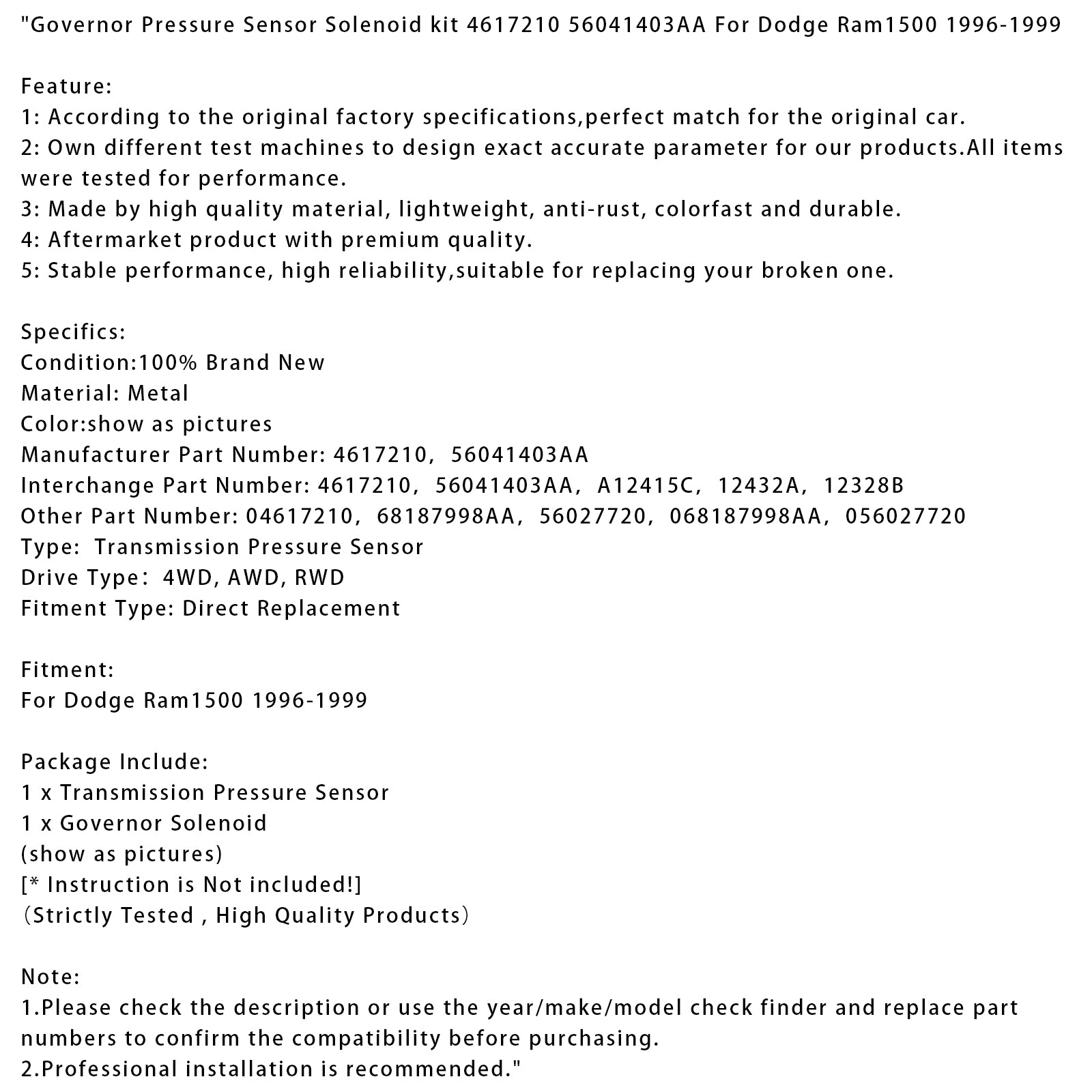 Governor Pressure Sensor Solenoid kit 4617210 56041403AA For Dodge Ram1500 96-99