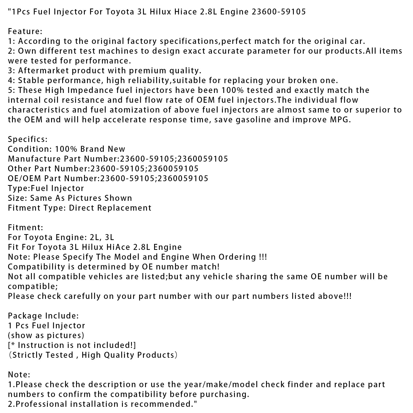 1Pcs Fuel Injector For Toyota 3L Hilux Hiace 2.8L Engine 23600-59105