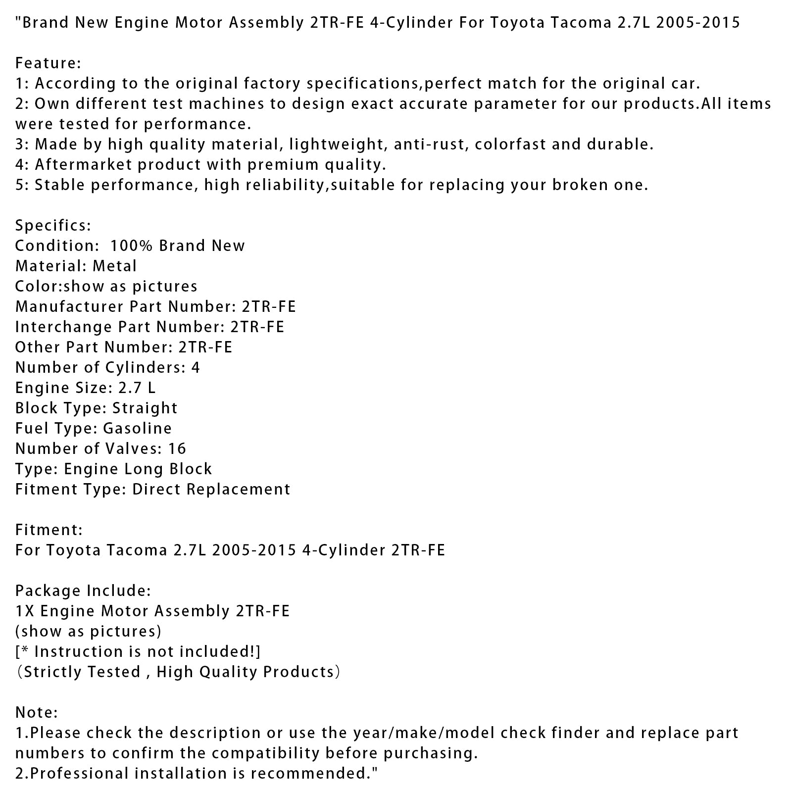 Brand New Engine Motor Assembly 2TR-FE 4-Cylinder For Toyota Tacoma 2.7L 05-2015