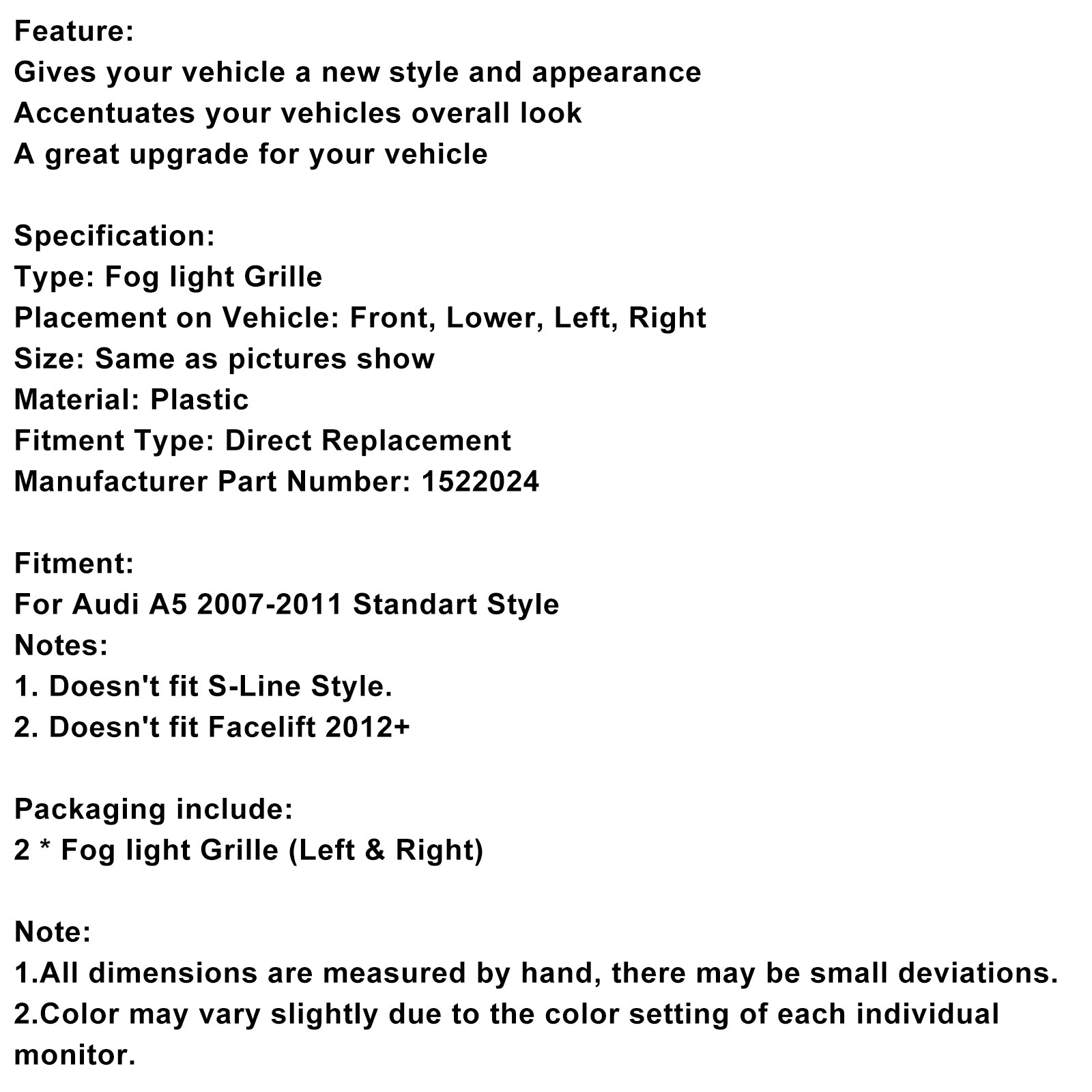 2007-2011 Audi A5 2sts Honeycomb Front Fog Lamp Cover Grille Grill 1522024