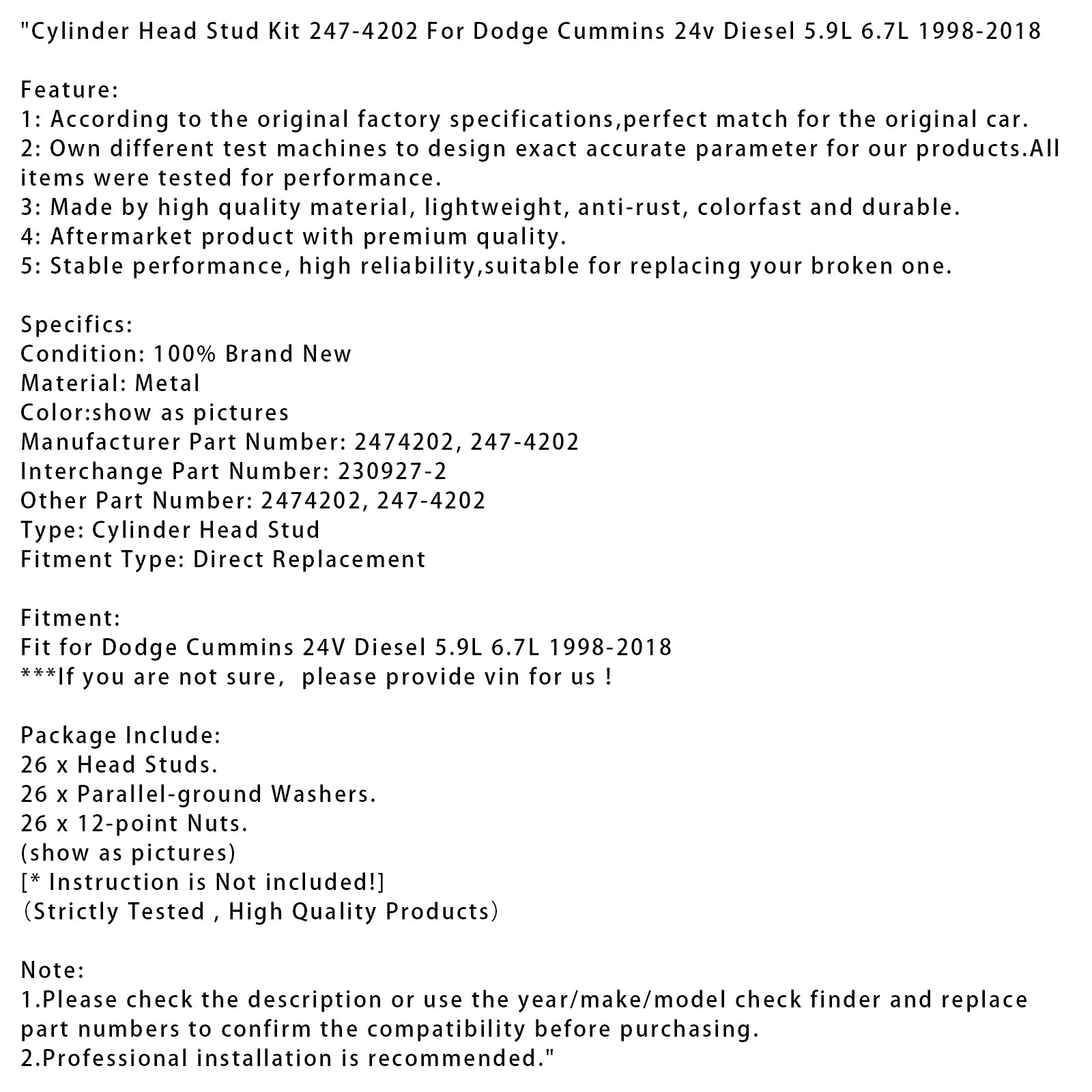 1998-2018 Dodge Cummins 24v Diesel 5.9L 6.7L Cylinder Head Stud Kit 247-4202