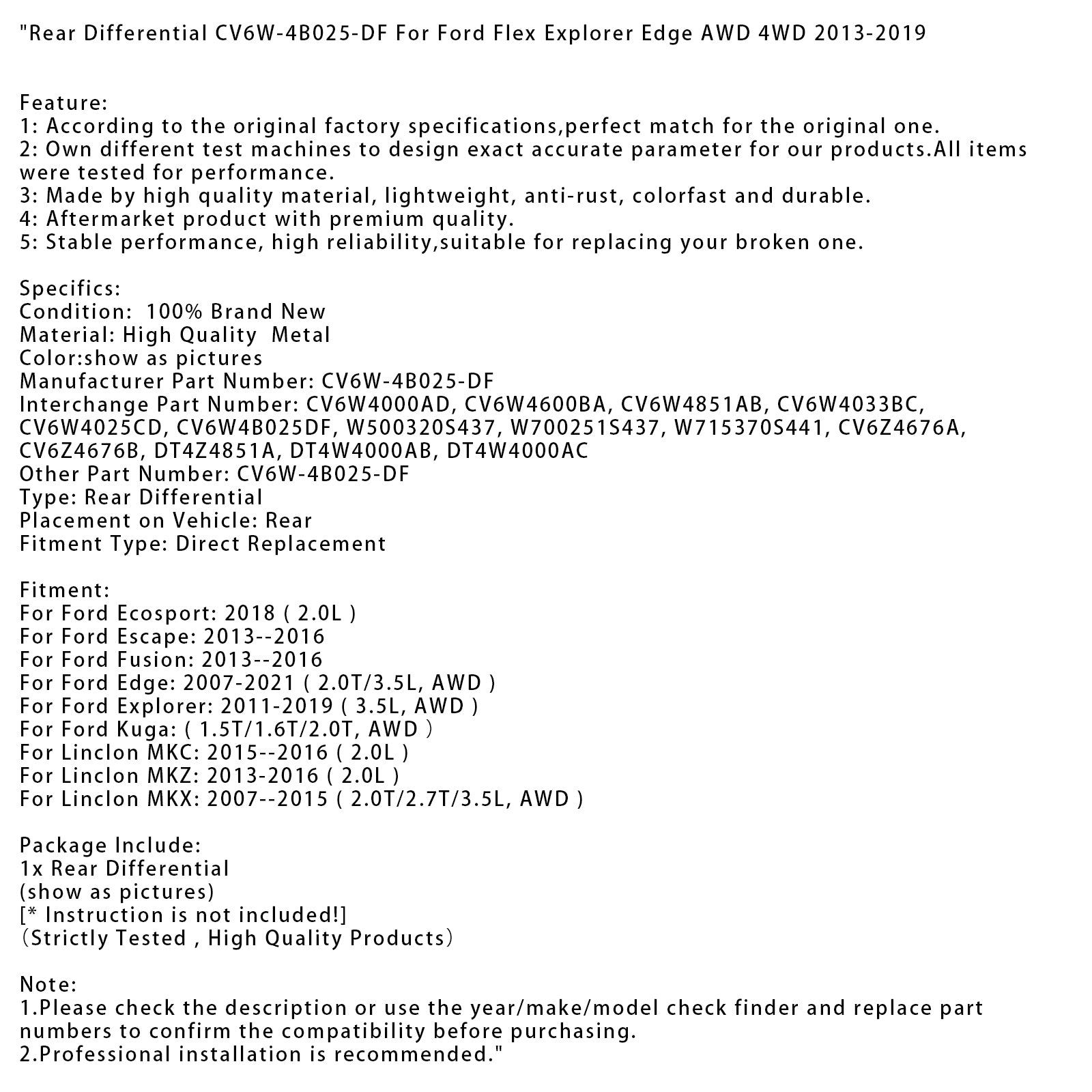 2007-2021 Ford Edge 2.0T/3.5L, AWD bakre differential CV6W-4B025-DF DT4W4000AB