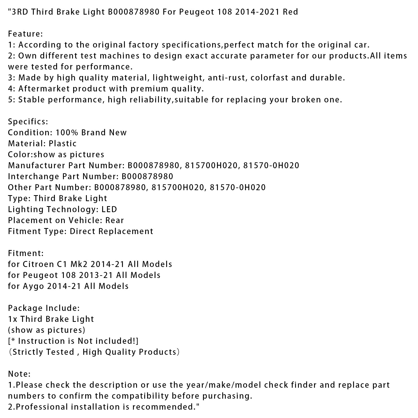 3RD Third Brake Light B000878980 For Peugeot 108 2014-2021 Red