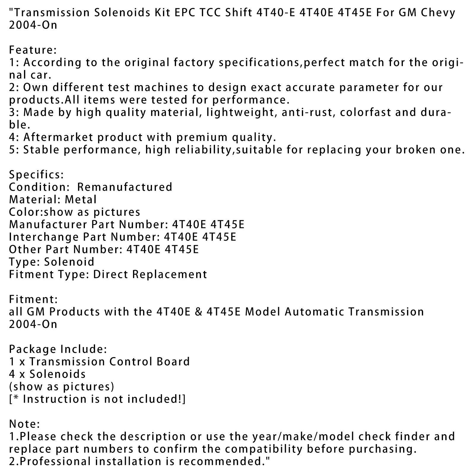 Kit de solenoides de transmisión GM Chevy 2004 en adelante EPC TCC Shift 4T40-E 4T40E 4T45E