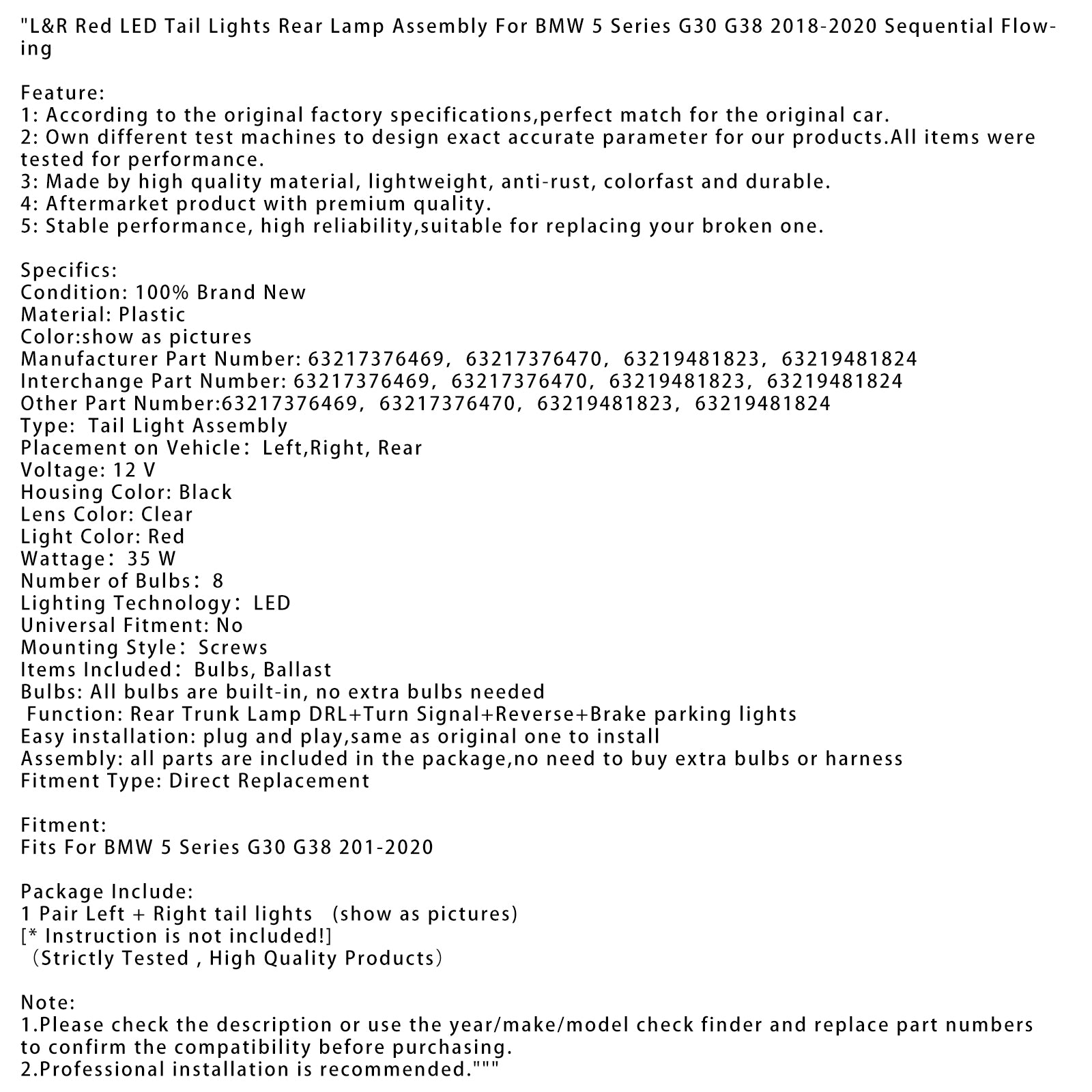 BMW radu 5 G30 G38 L, rok výroby 2018 – 2020&Zostava zadných červených LED svetiel R