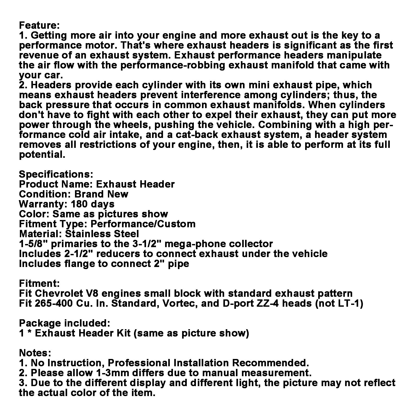 Cabecera del colector de escape 265-400 compatible con Chevy Lake Style SBC V8 bloque pequeño