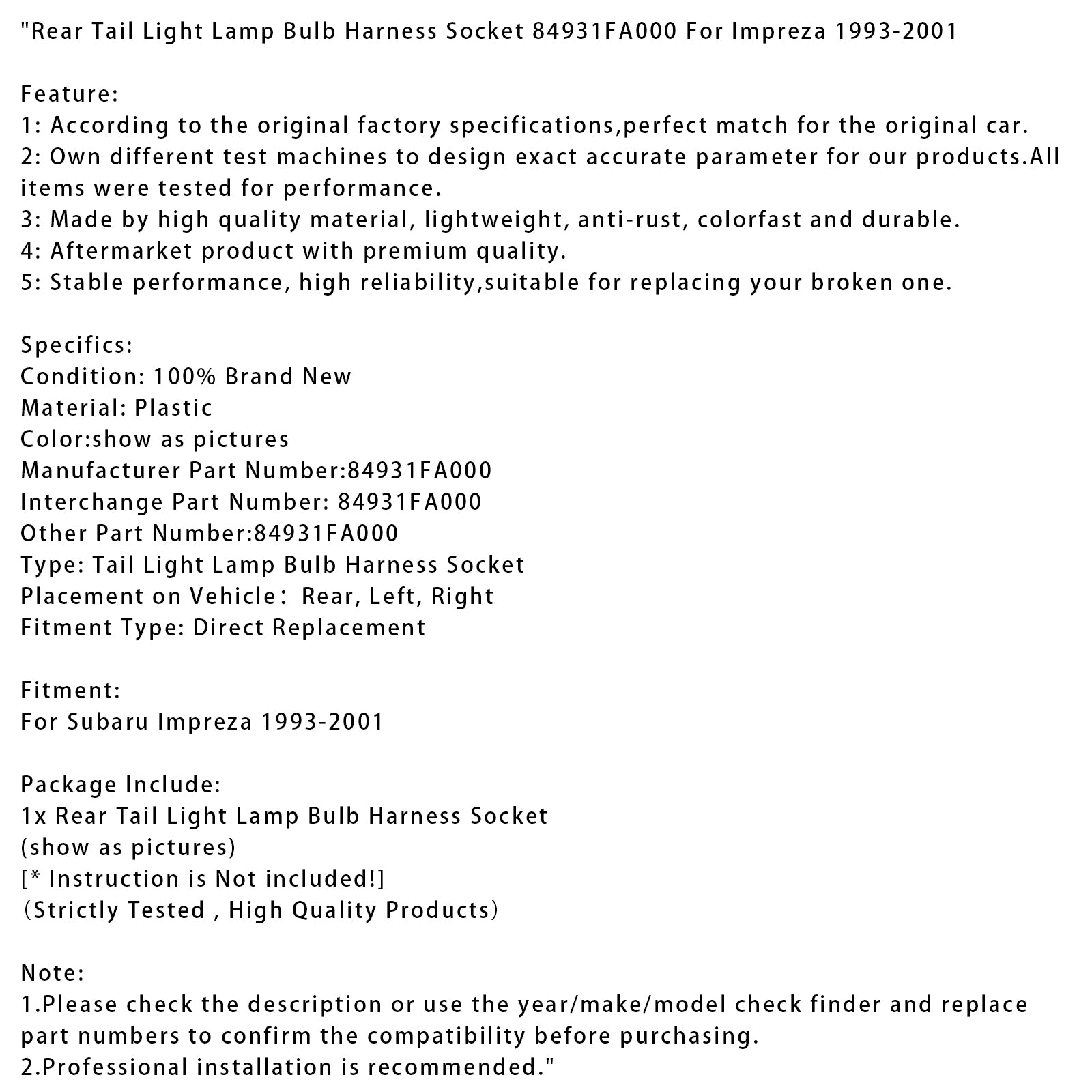 1993-2001 Subaru Impreza luz trasera lámpara bombilla arnés enchufe 84931FA000