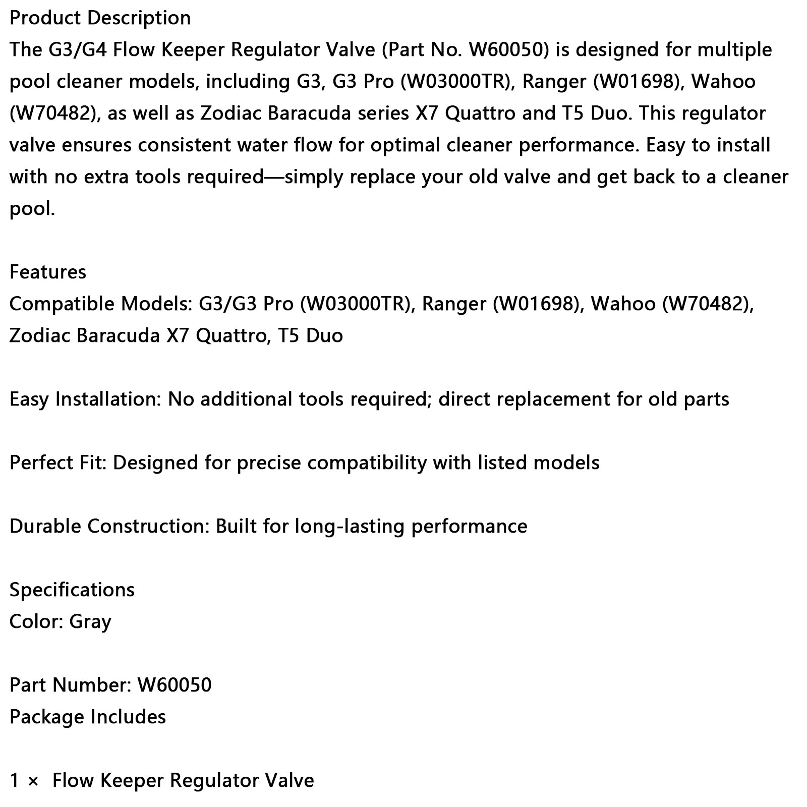 W60050 Automatic Pool Cleaner Flowkeeper Regulator Valve W03000TR W01698 W70482