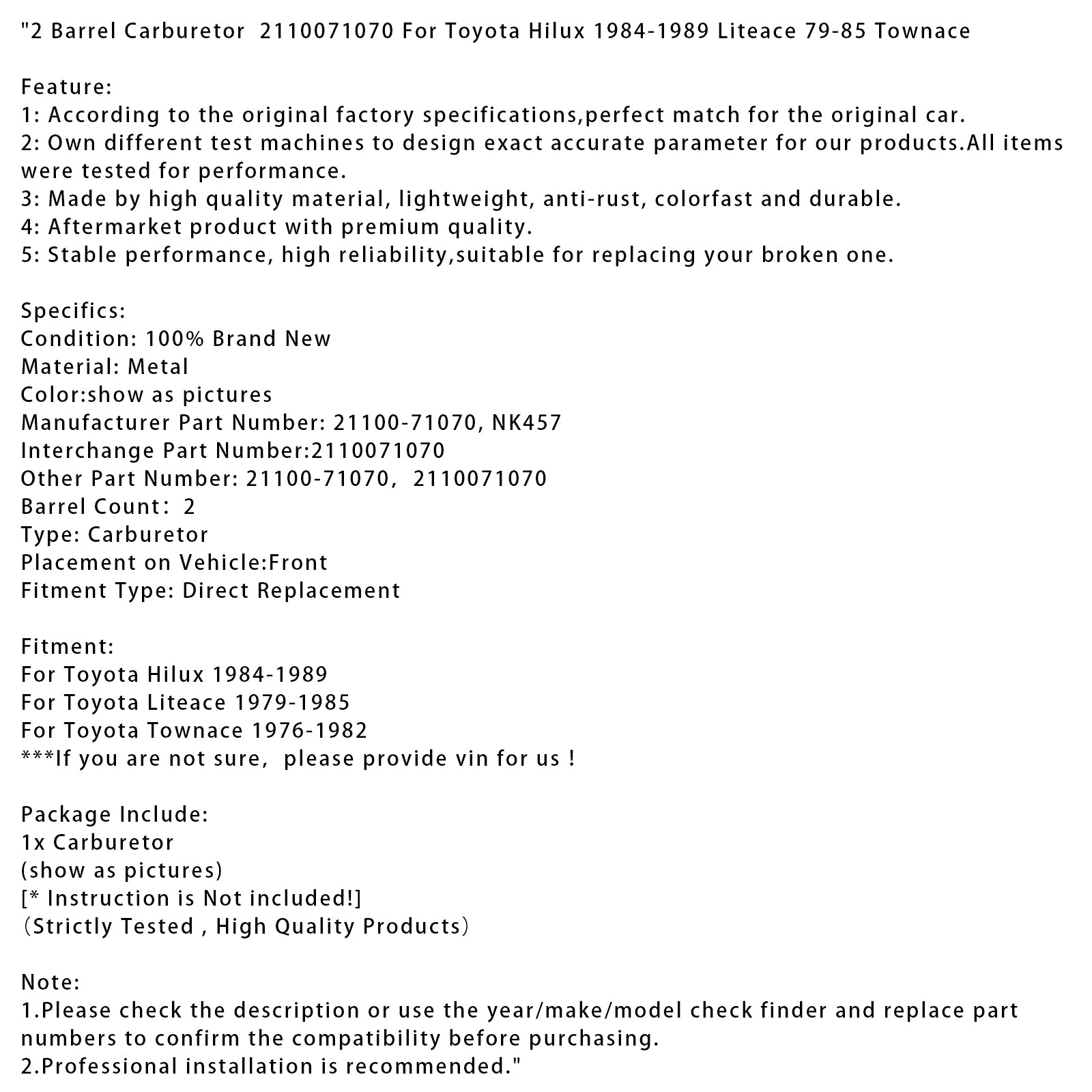 1984-1989 Toyota Hilux 2 Barrel Carburetor 2110071070 NK457