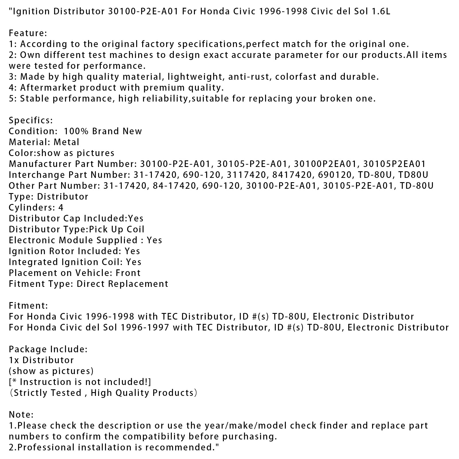 1996-1998 Honda Civic Ignition Distributor 30100-P2E-A01 30105P2EA01