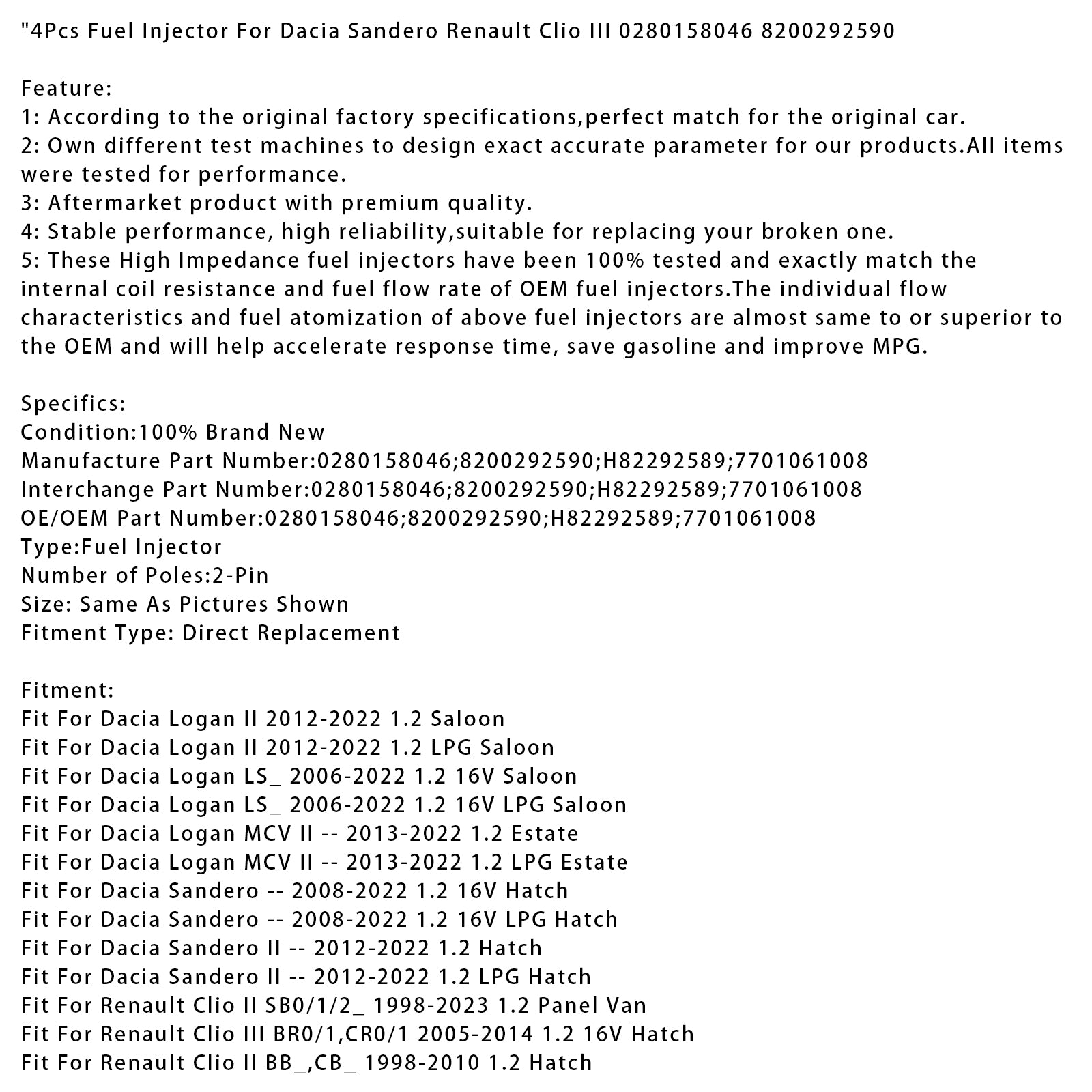 4Pcs Fuel Injector For Dacia Sandero Renault Clio III 0280158046 8200292590