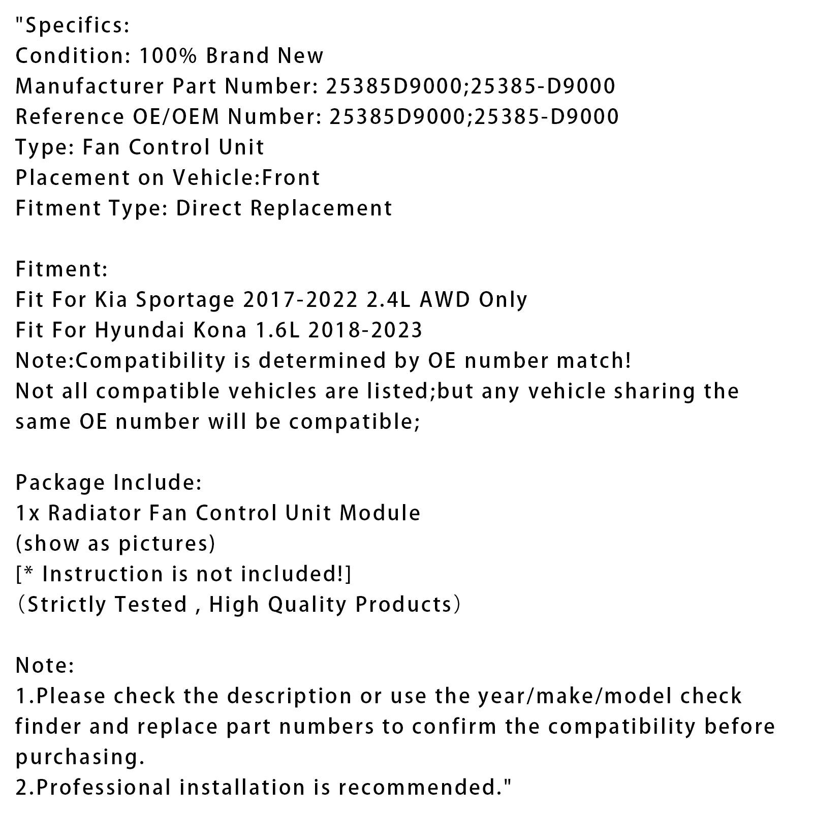Module de commande de ventilateur de radiateur, pour Hyundai Kona 1,6 l Kia Sportage 2,4 l 25385D9000