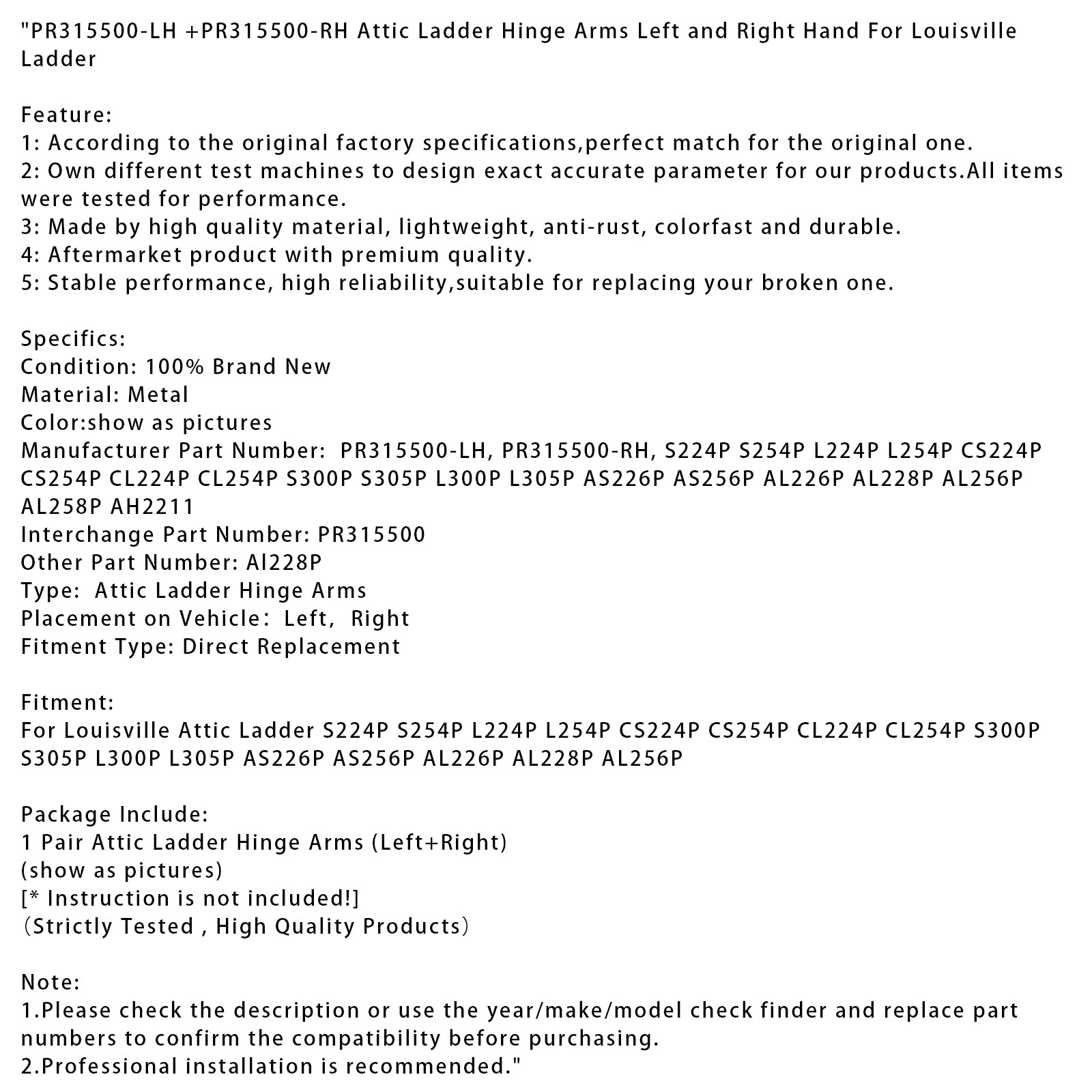 PR315500-LH +PR315500-RH Attic Ladder Hinge Arm venstre +høyre for Louisville Ladder