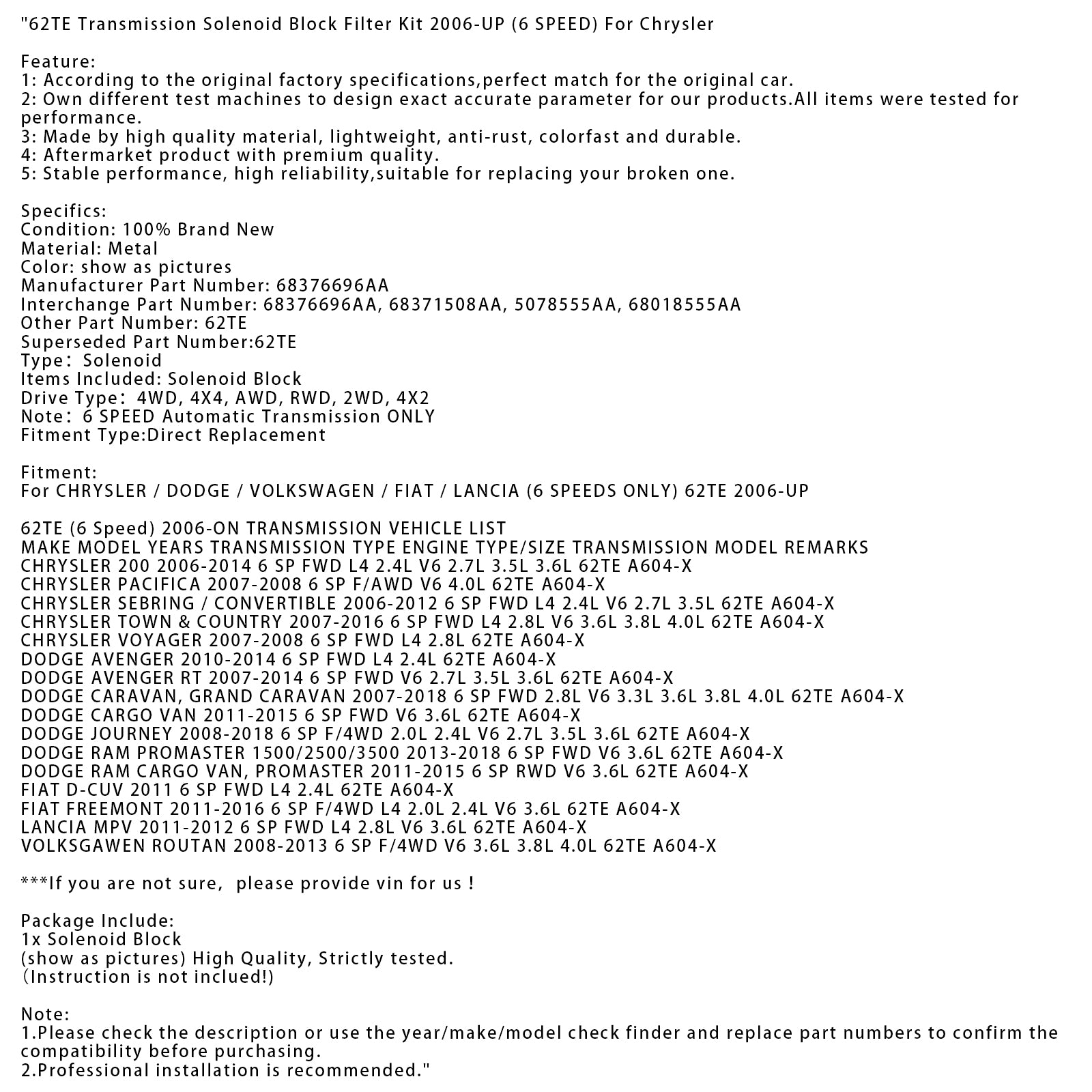 2008-2018 DODGE JOURNEY 6 SP F/4WD 2.0L 2.4L V6 2.7L 3.5L 3.6L 62TE A604-X Transmissie Solenoid Blok 68376696AA