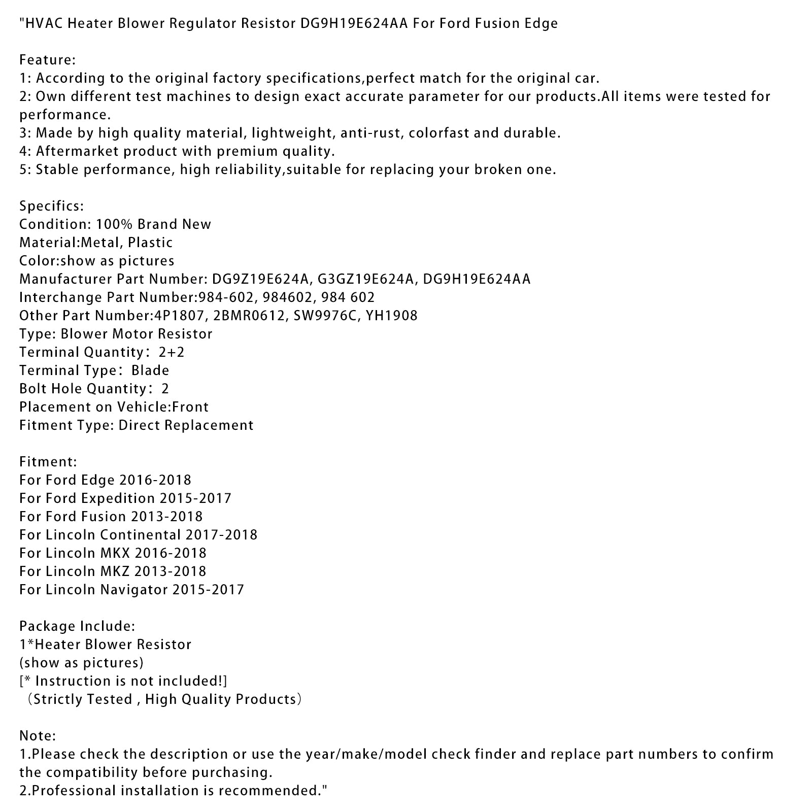 Résistance de régulateur du chauffeur HVAC DG9H19E624AA pour Ford Fusion Edge