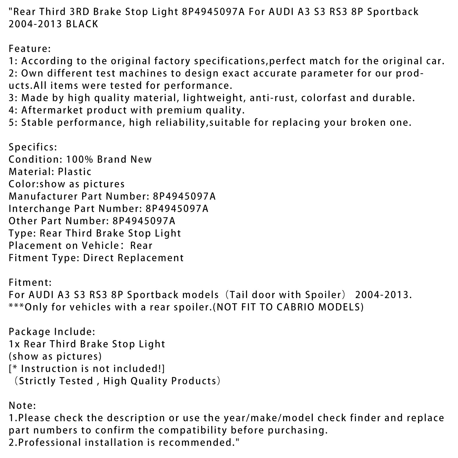2004-2013 Audi A3 S3 RS3 8P Sportback