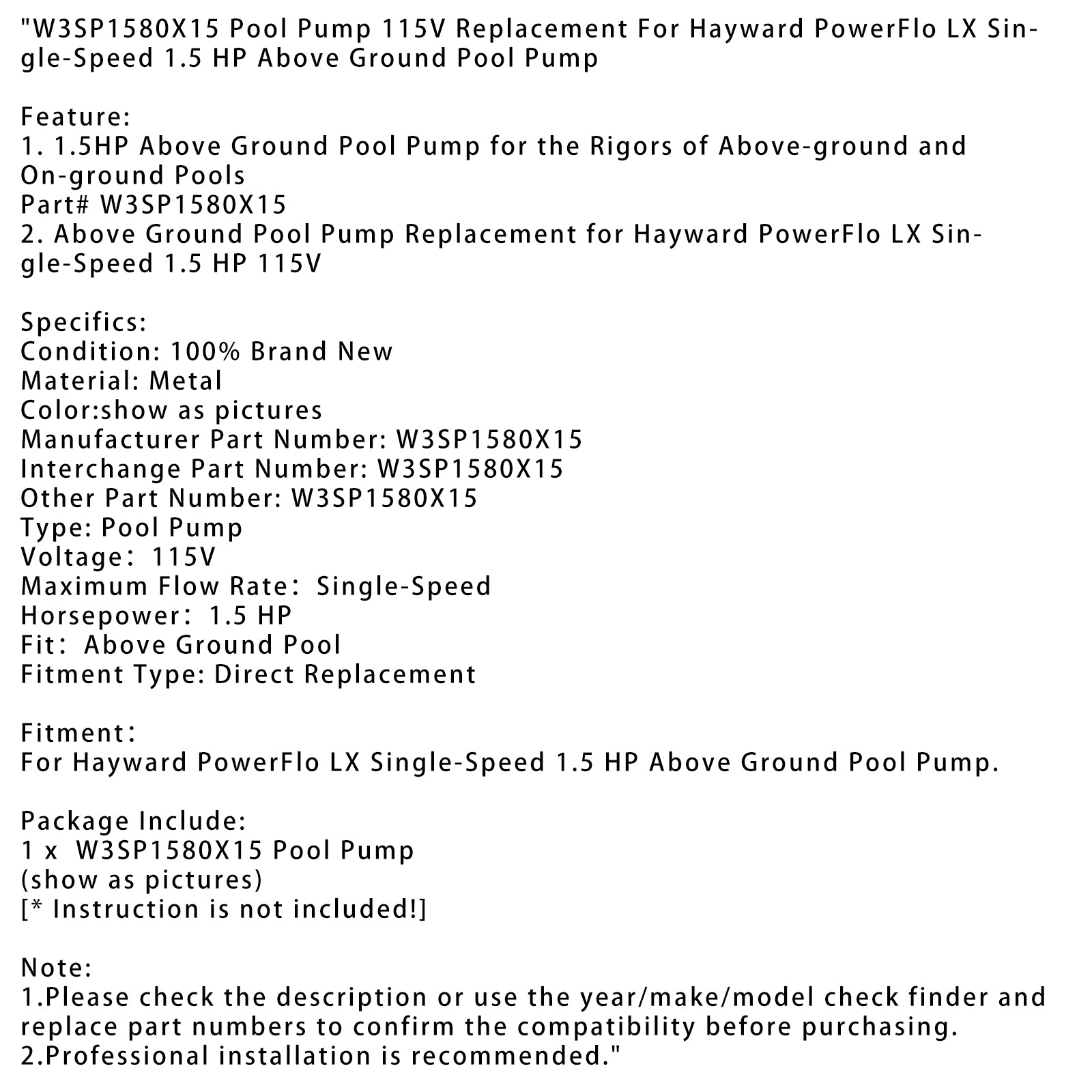 W3SP1580X15 Zwembadpomp 115V Vervanging voor Hayward PowerFlo LX 1.5 HP