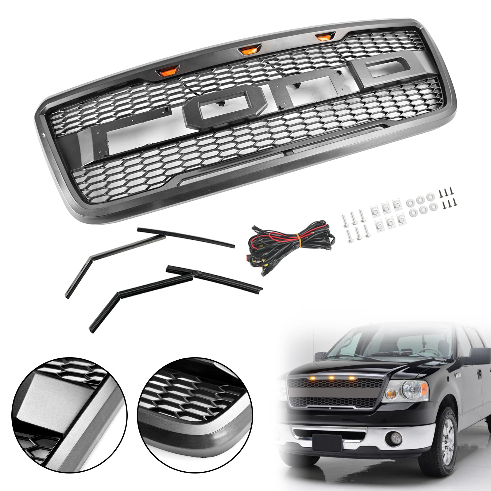 Raptor Style Front Mesh Hood Grille Grill Fit Ford F150 2004-2008 Met LED