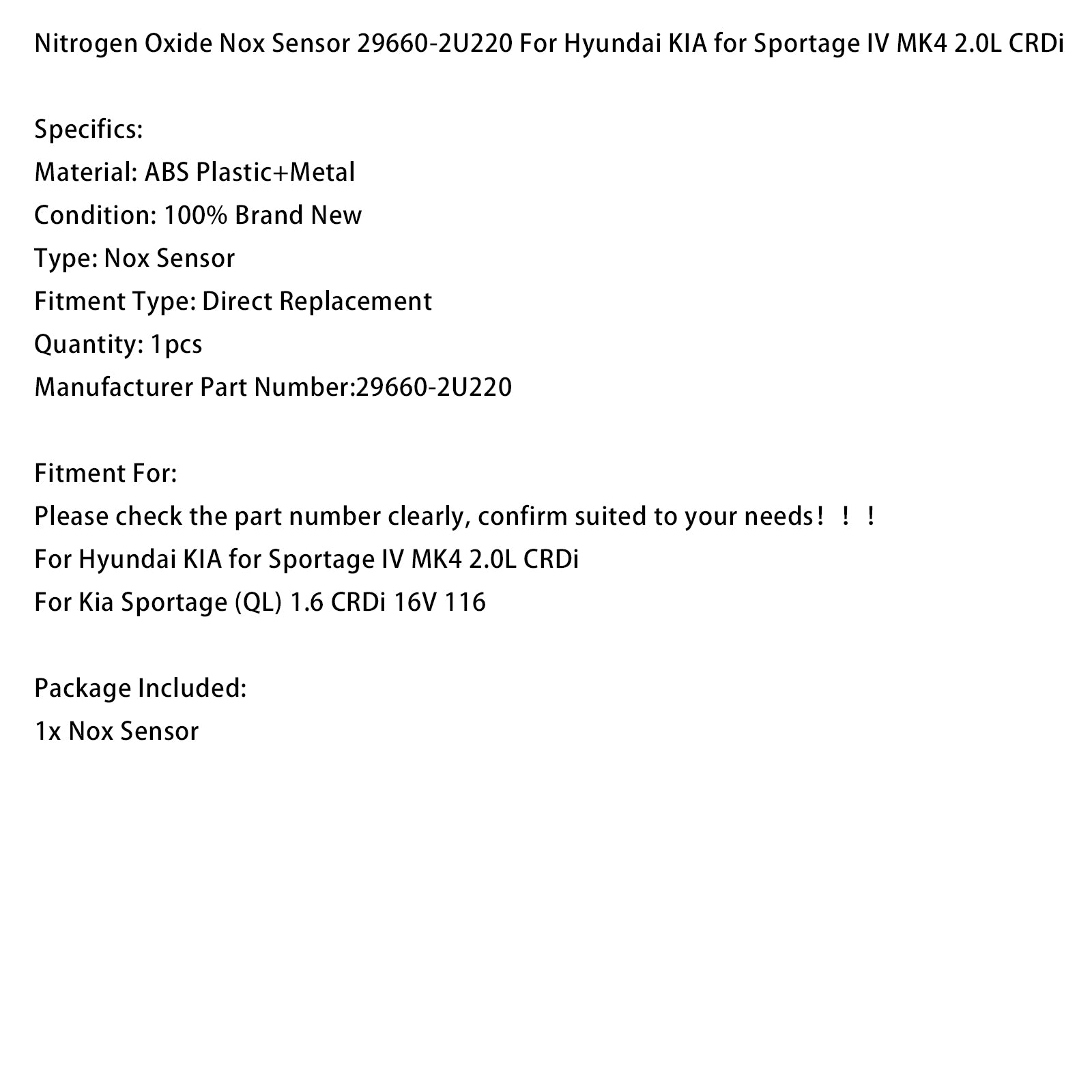 Capteur Nox 29660-2U220 pour Hyundai pour KIA Sportage IV MK4 2.0L CRDi