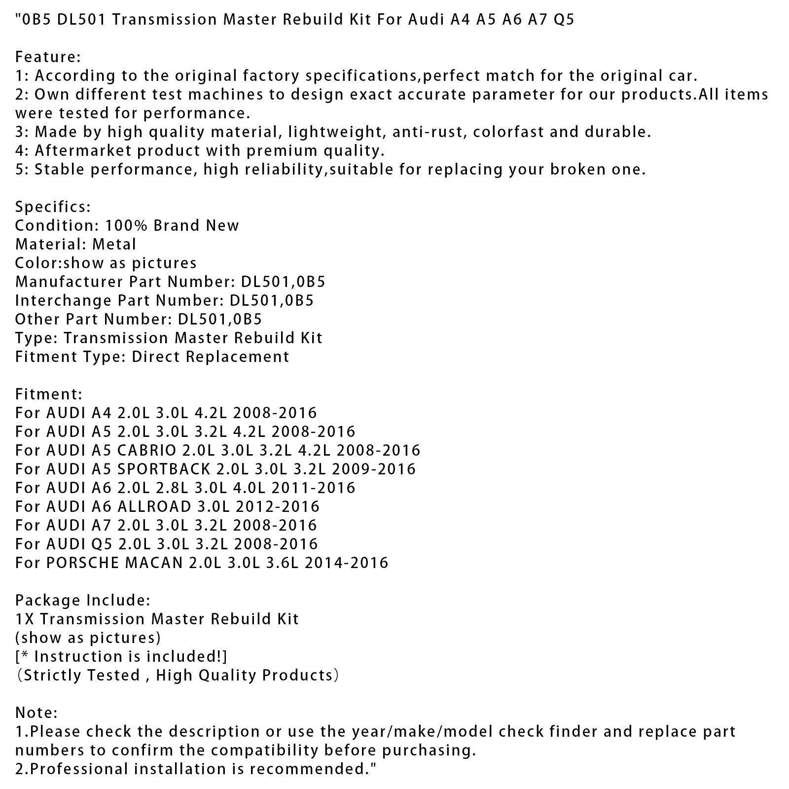 2008-2016 AUDI A5 2.0L 3.0L 3.2L 4.2L 0B5 DL501 Kit de reconstrucción maestra de transmisión