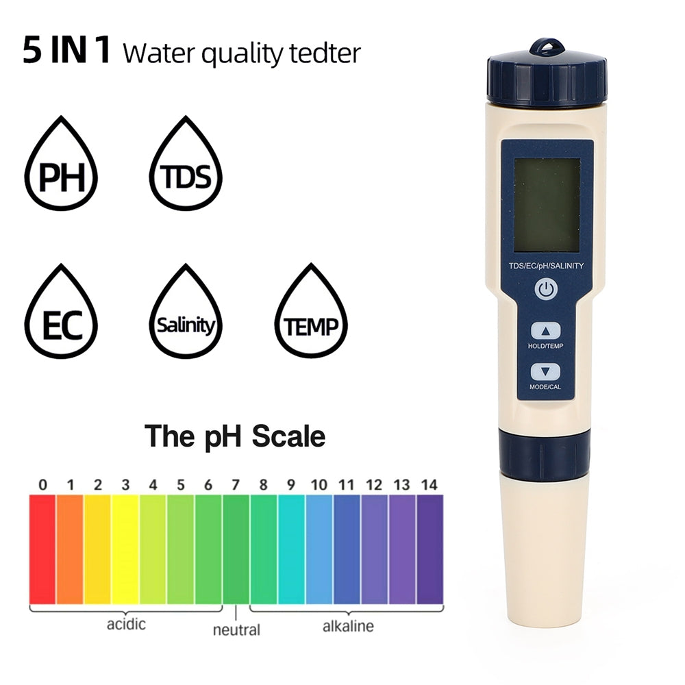 5in1 PH/TDS/EC/Zoutgehalte/Temperatuur Digitale Waterkwaliteit Tester Meter Testtool