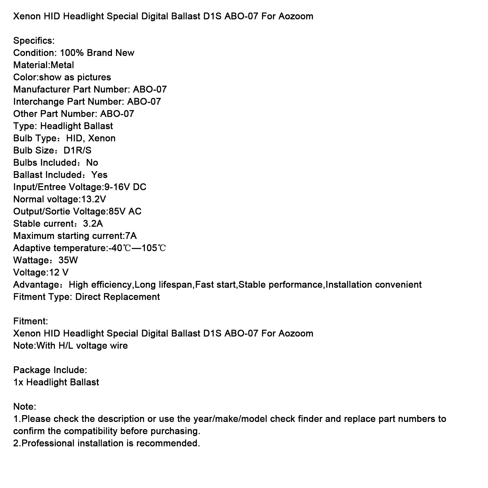 Xenon HID Headlight Special Digital Ballast D1S ABO-07
