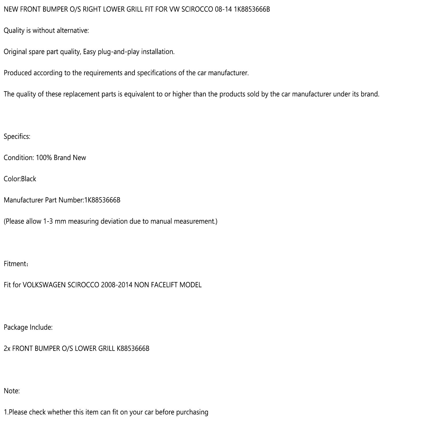 2008-2014 VW Scirocco paar voorbumper O/S onderste grill 1K8853666B