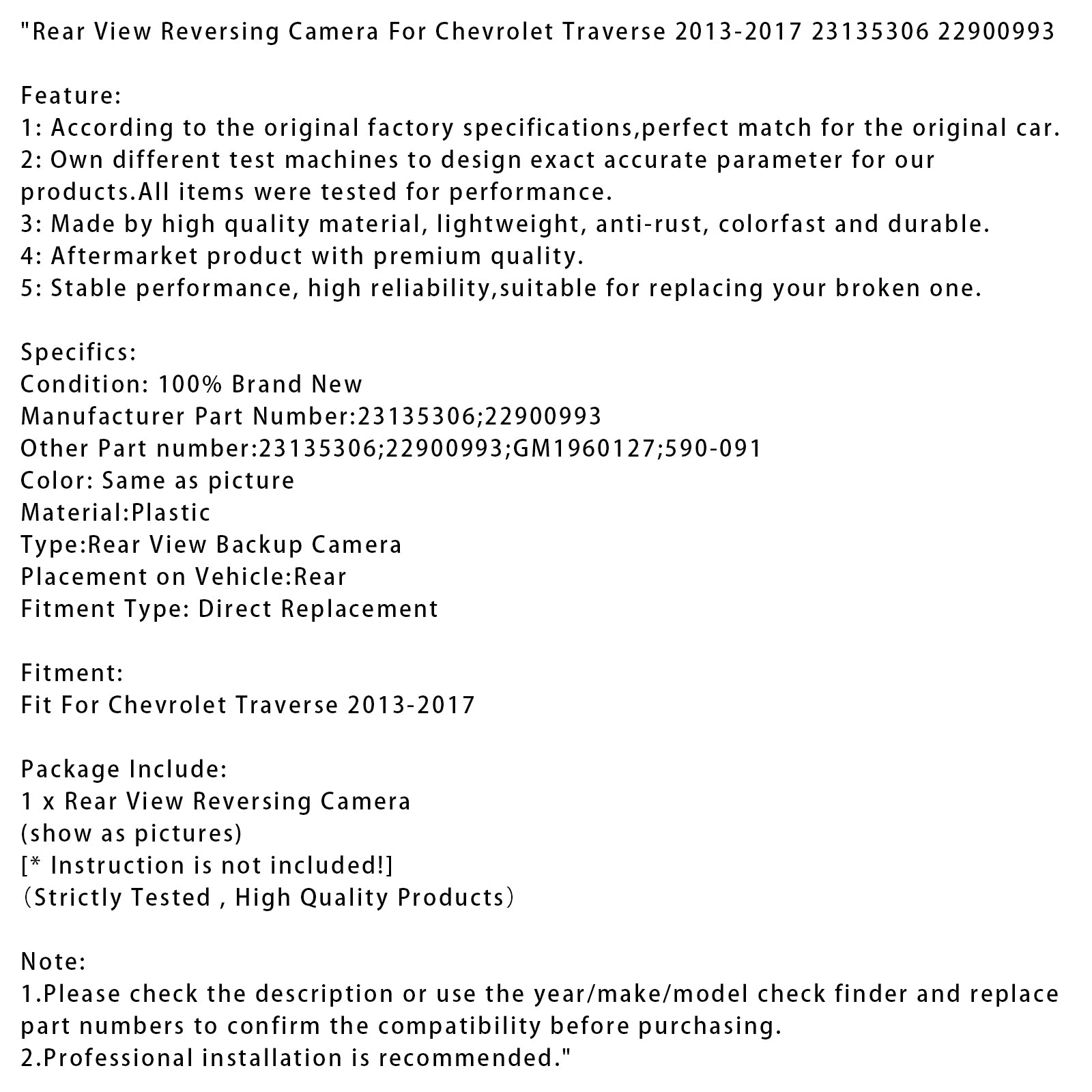 2013-2017 Chevrolet Traverse Rear View Reversing Camera 23135306 22900993